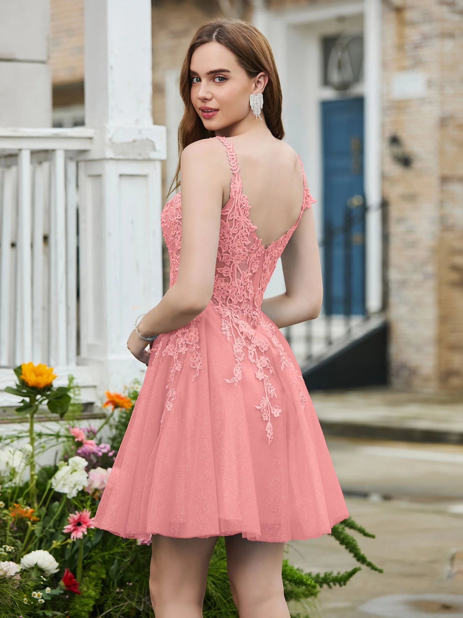 Appliziertes Korsett-Oberteil kurzes glitzerndes Abschlussballkleid Flamingo - Image 2