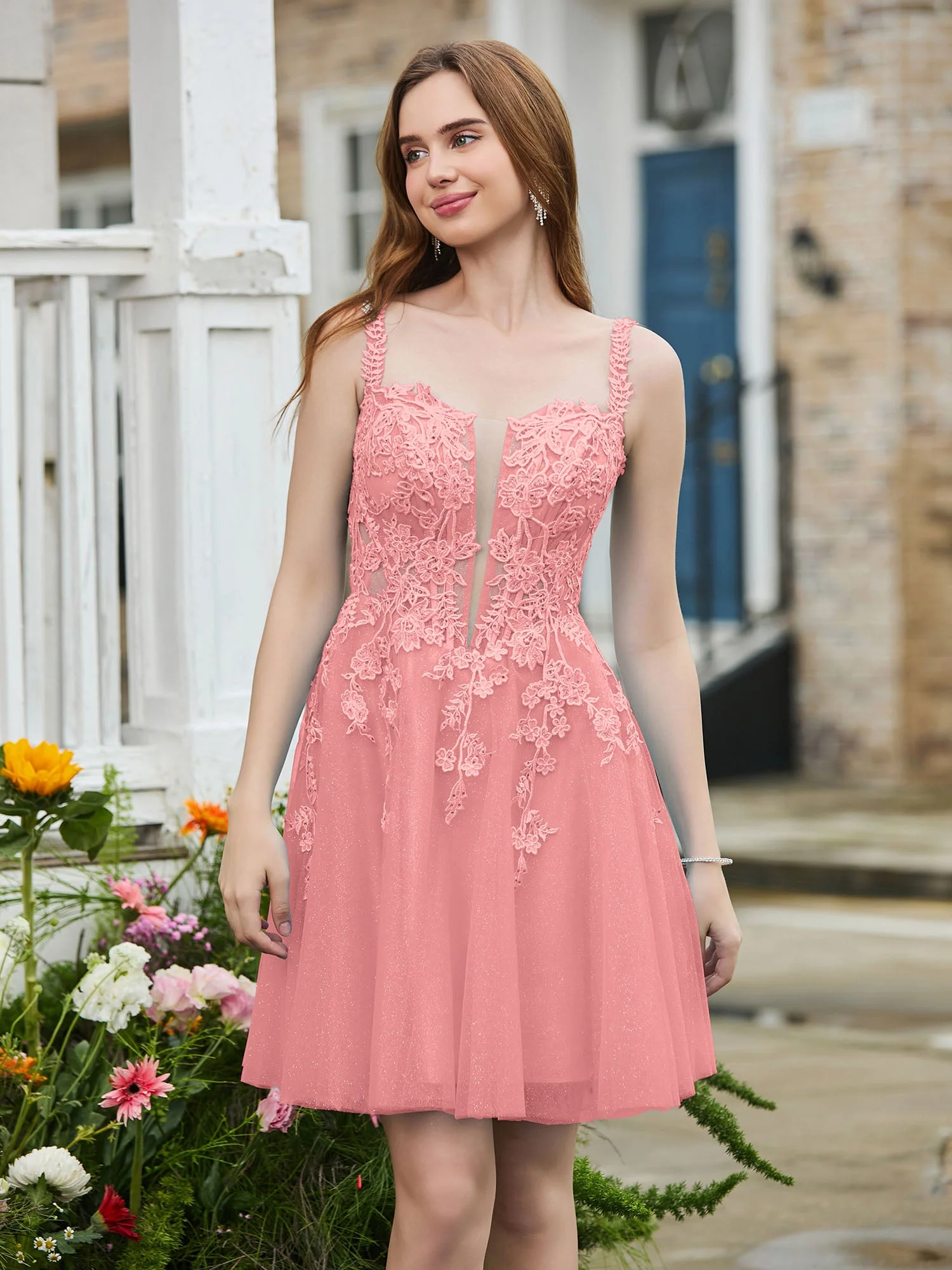 Appliziertes Korsett-Oberteil kurzes glitzerndes Abschlussballkleid Flamingo - Image 3