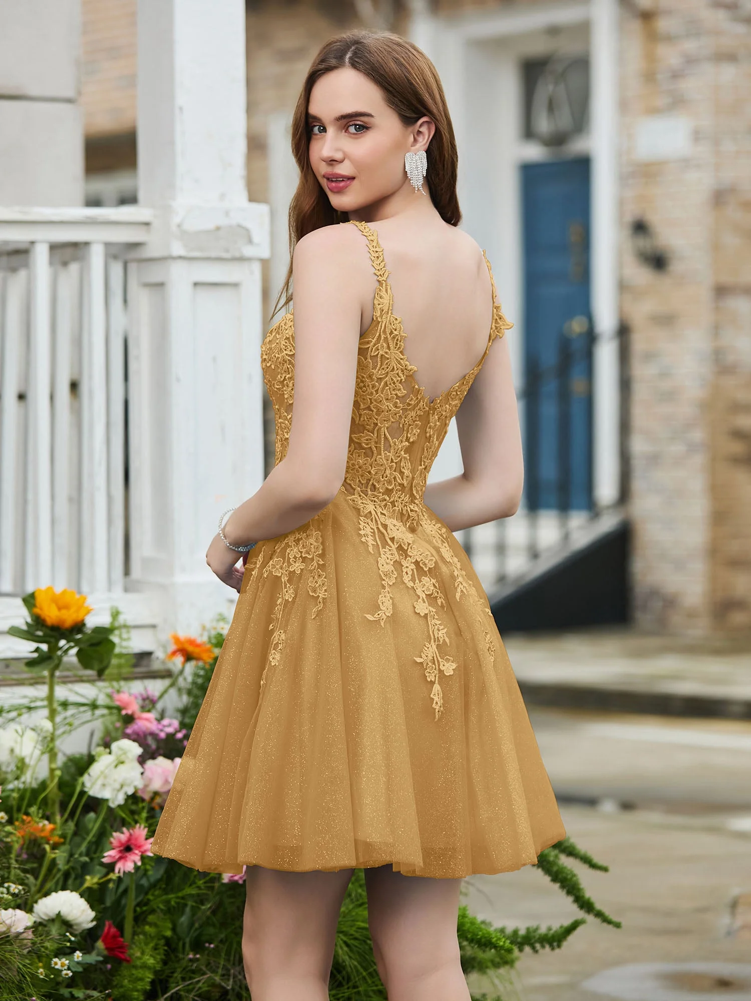 Appliziertes Korsett-Oberteil kurzes glitzerndes Abschlussballkleid Gold - Image 2