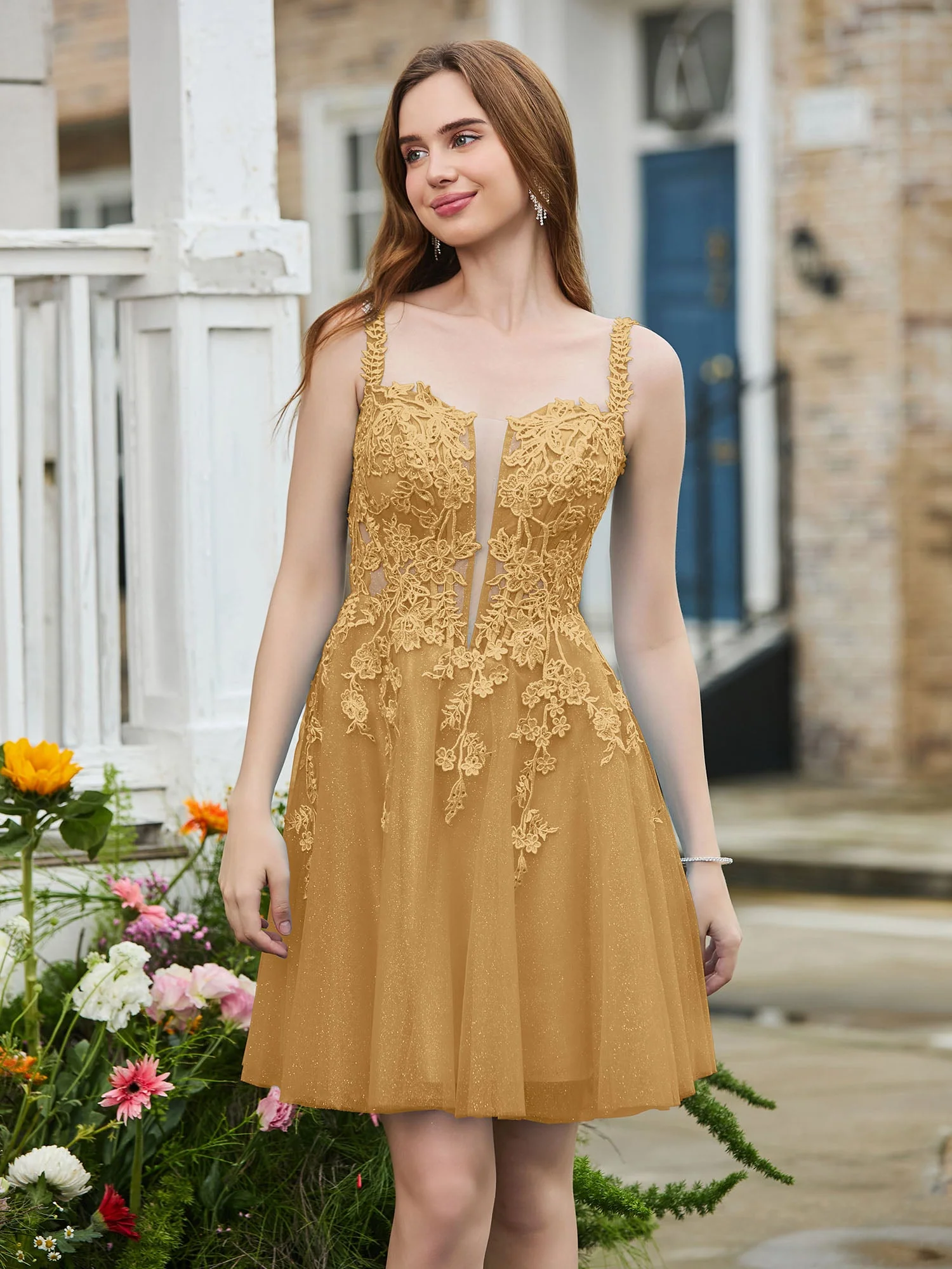 Appliziertes Korsett-Oberteil kurzes glitzerndes Abschlussballkleid Gold - Image 3