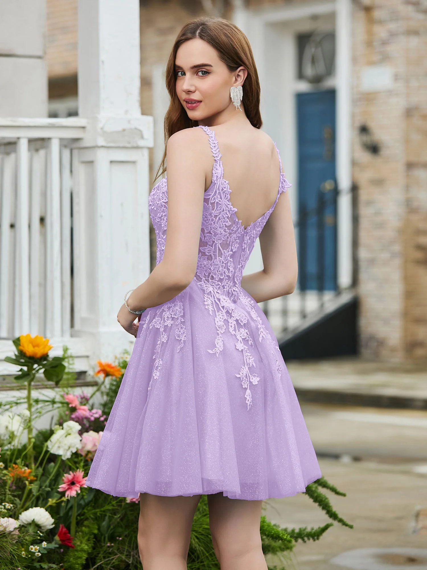 Appliziertes Korsett-Oberteil kurzes glitzerndes Abschlussballkleid Lila - Image 2
