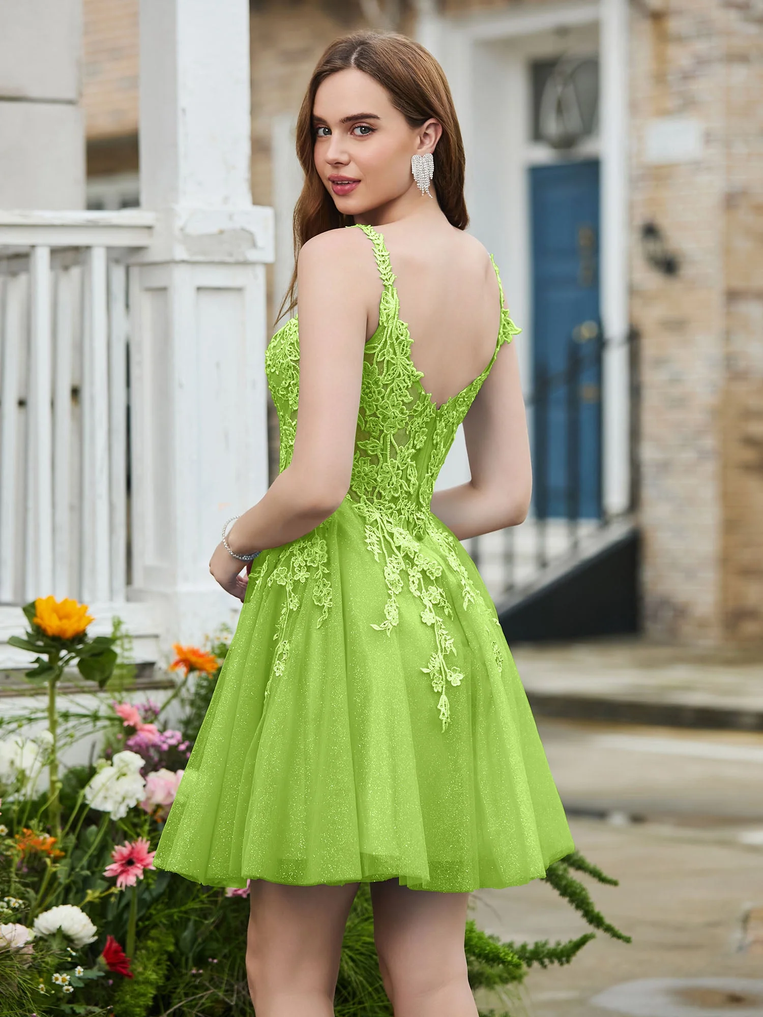 Appliziertes Korsett-Oberteil kurzes glitzerndes Abschlussballkleid Lindgrün - Image 2
