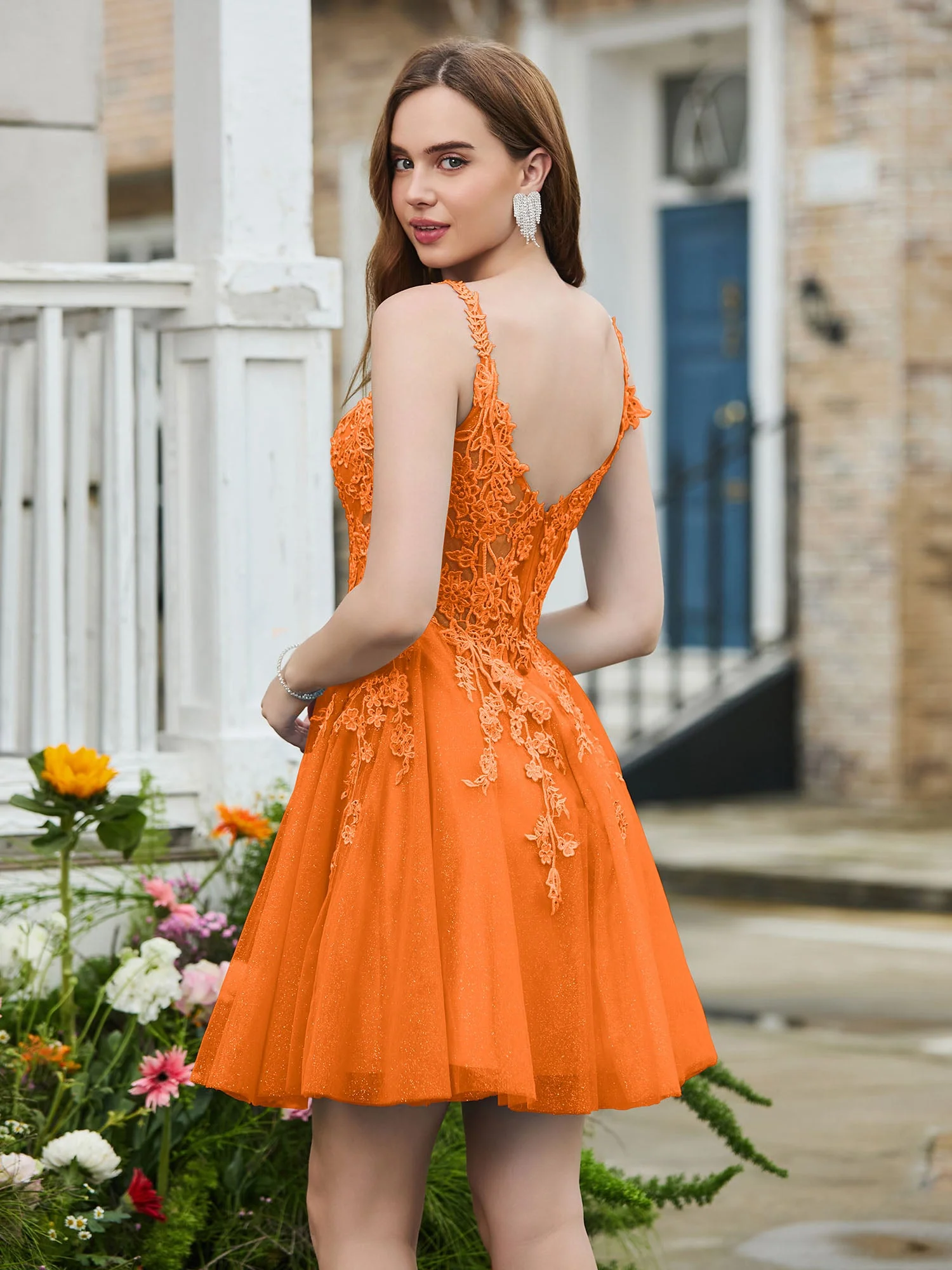Appliziertes Korsett-Oberteil kurzes glitzerndes Abschlussballkleid Orange - Image 2