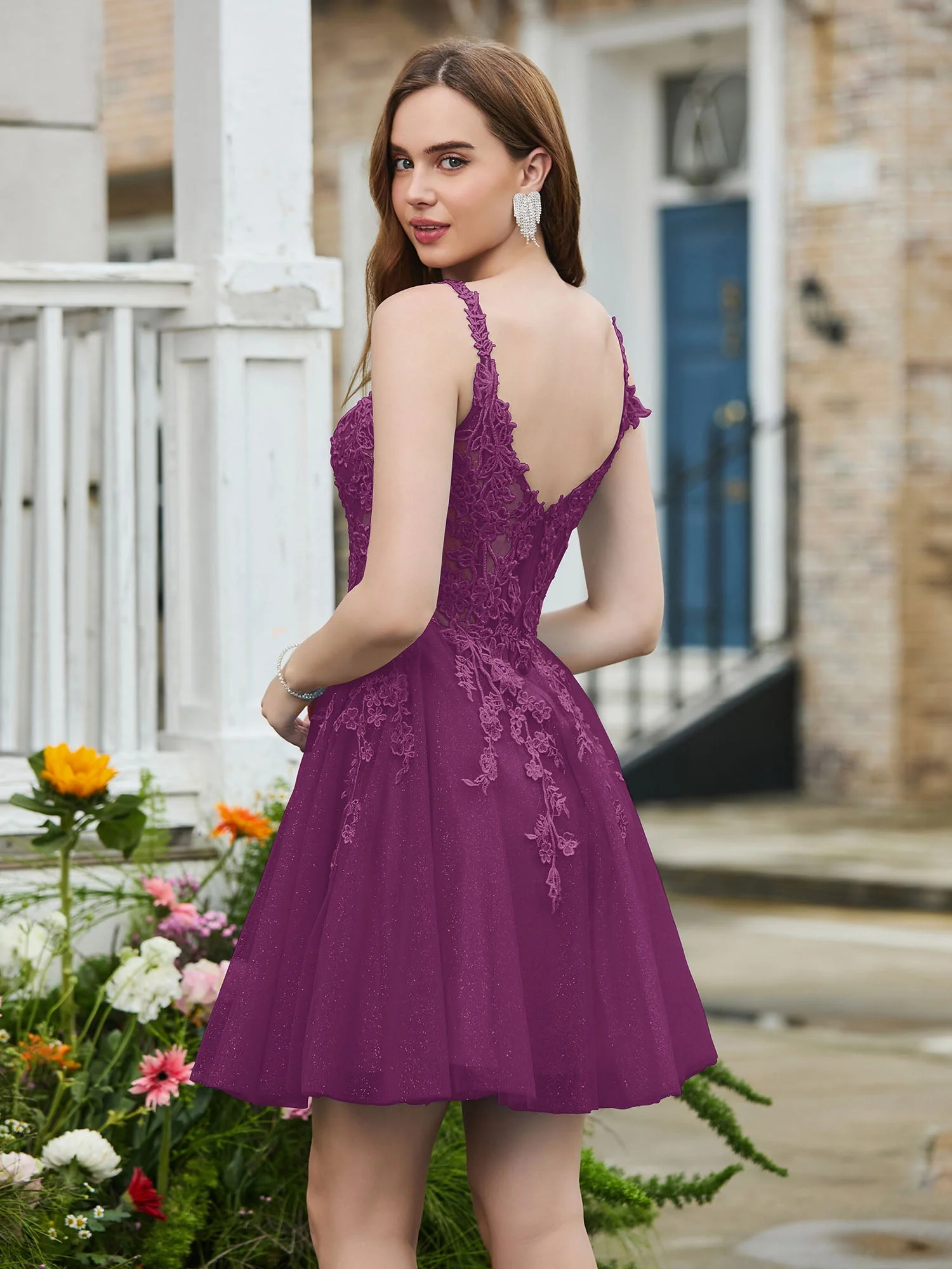 Appliziertes Korsett-Oberteil kurzes glitzerndes Abschlussballkleid Orchidee - Image 2