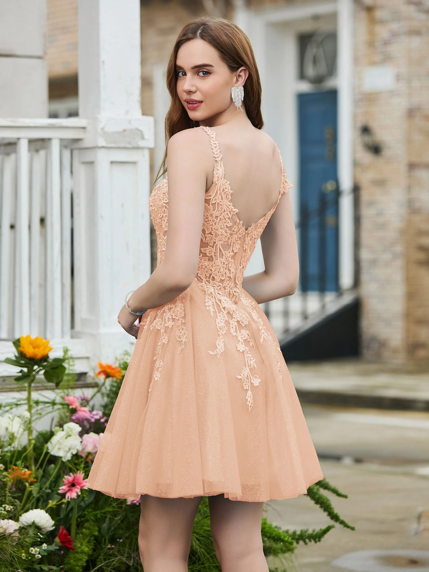 Appliziertes Korsett-Oberteil kurzes glitzerndes Abschlussballkleid Perlrosa - Image 2