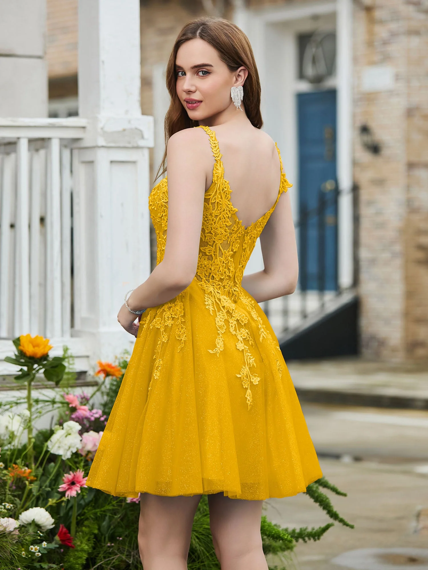 Appliziertes Korsett-Oberteil kurzes glitzerndes Abschlussballkleid Ringelblume - Image 2