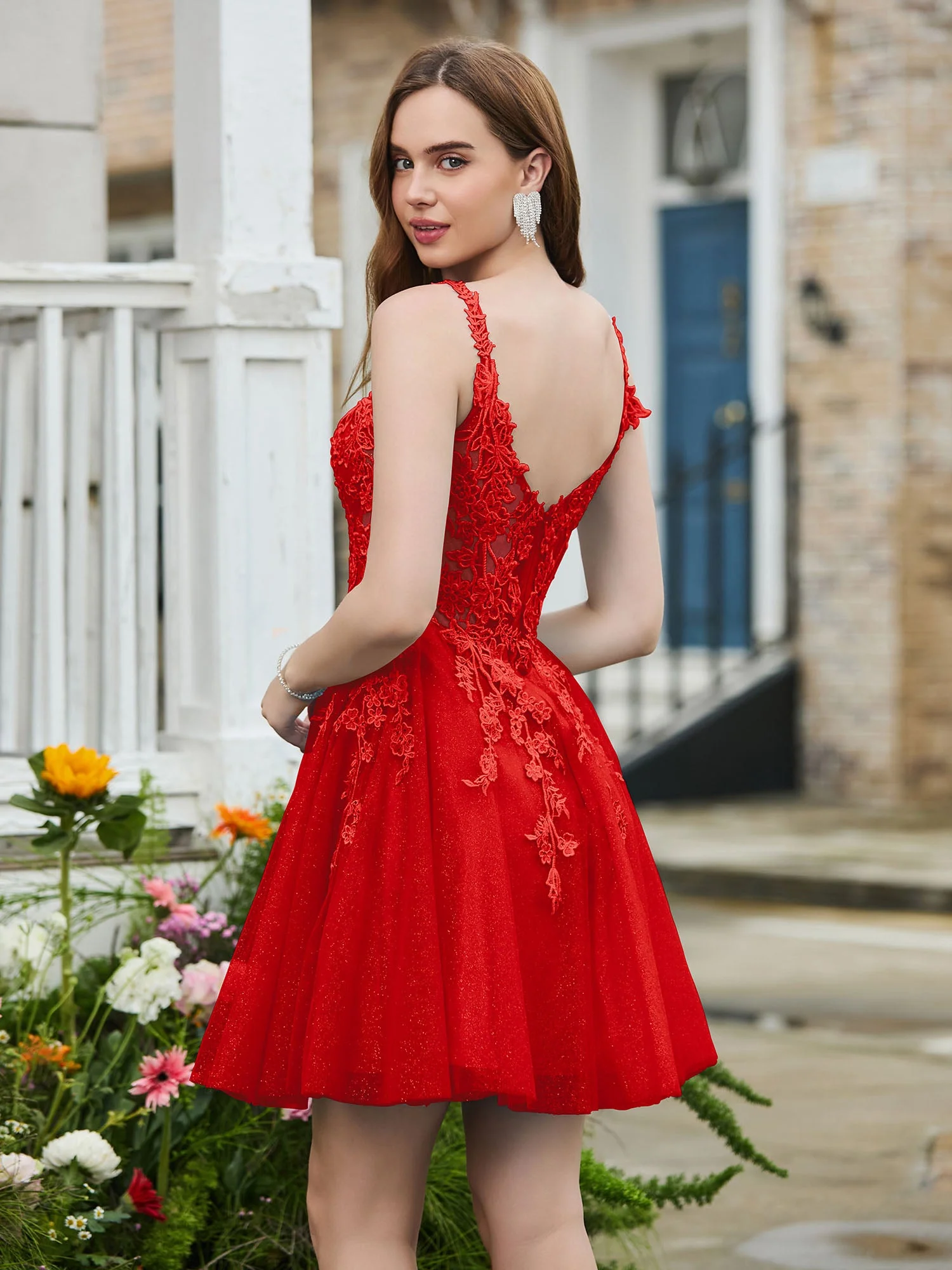 Appliziertes Korsett-Oberteil kurzes glitzerndes Abschlussballkleid Rot - Image 2