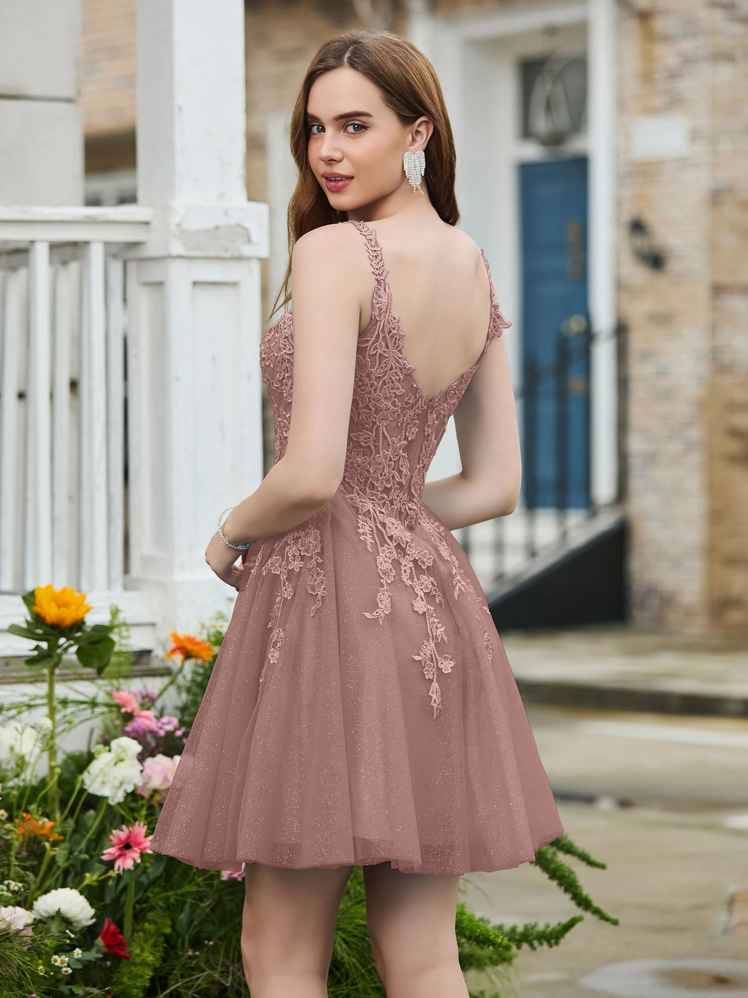 Appliziertes Korsett-Oberteil kurzes glitzerndes Abschlussballkleid Vintage Mauve - Image 2