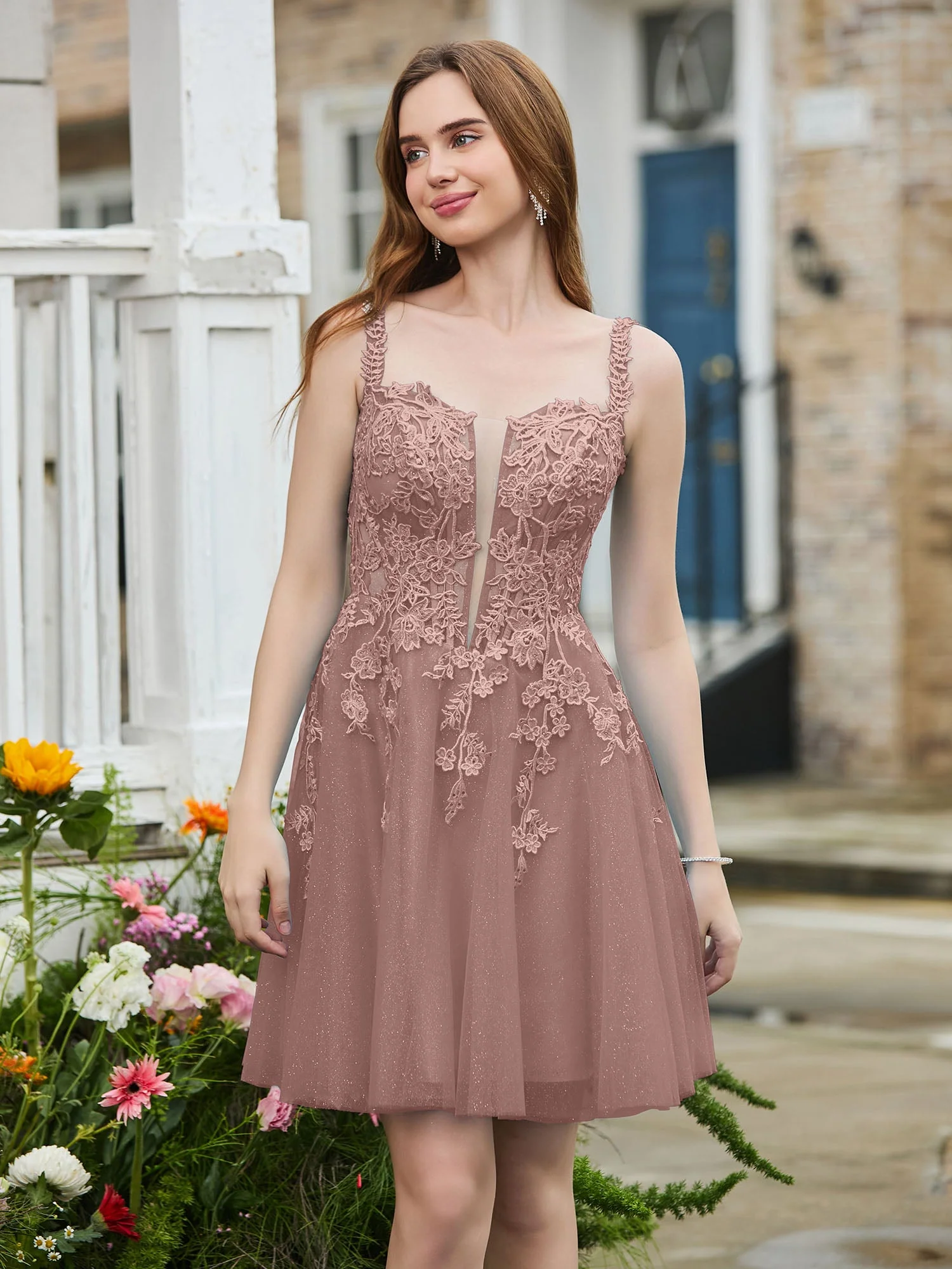 Appliziertes Korsett-Oberteil kurzes glitzerndes Abschlussballkleid Vintage Mauve - Image 3