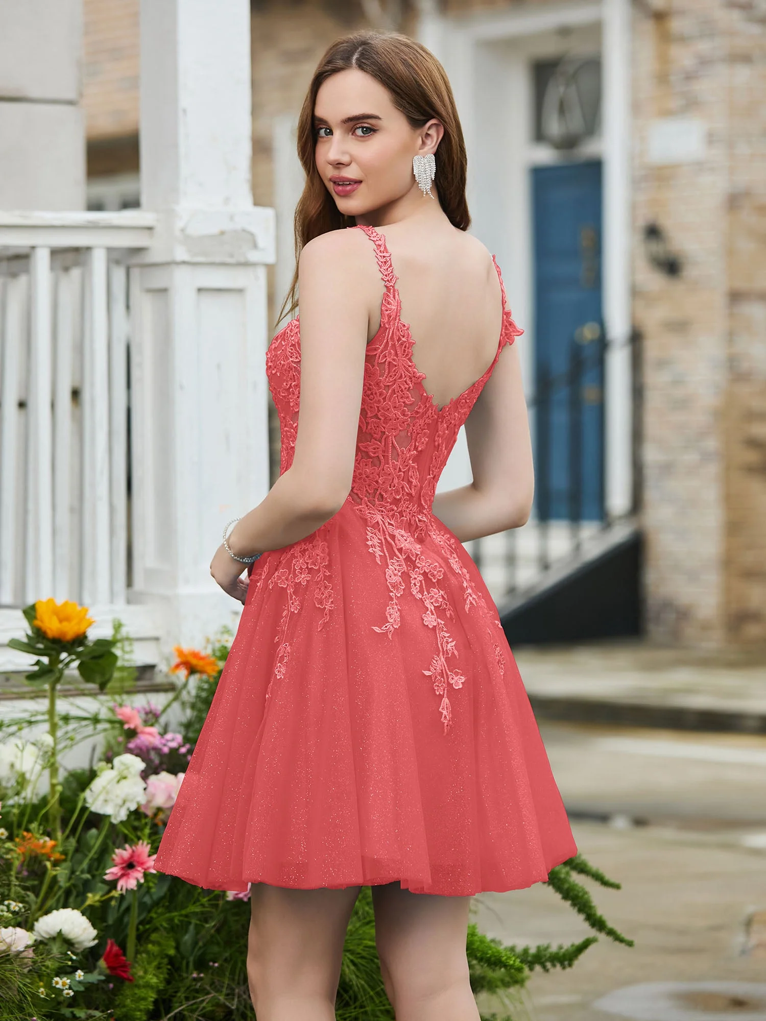 Appliziertes Korsett-Oberteil kurzes glitzerndes Abschlussballkleid Wassermelone - Image 2
