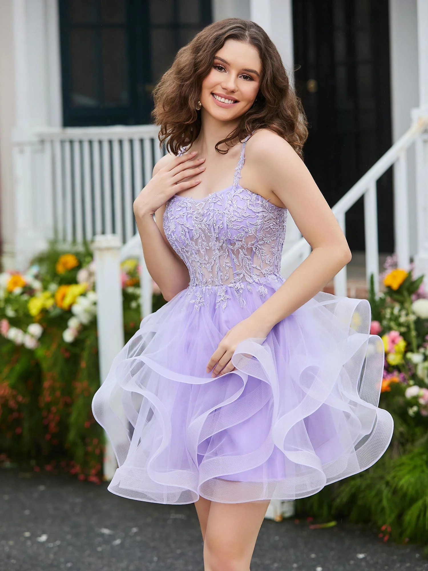 Appliziertes Korsett-Oberteil kurzes Tüllkleid Lila - Image 5