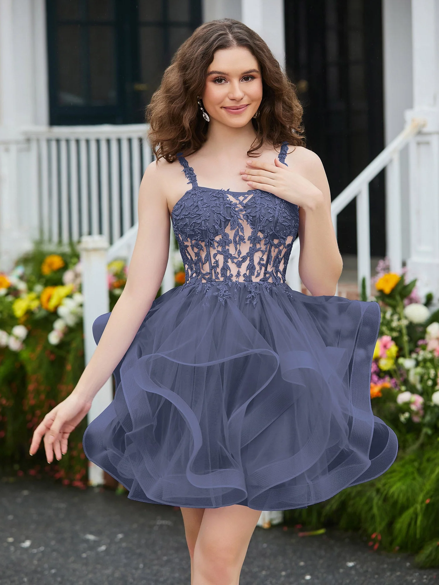 Appliziertes Korsett-Oberteil kurzes Tüllkleid Periwinkleblau