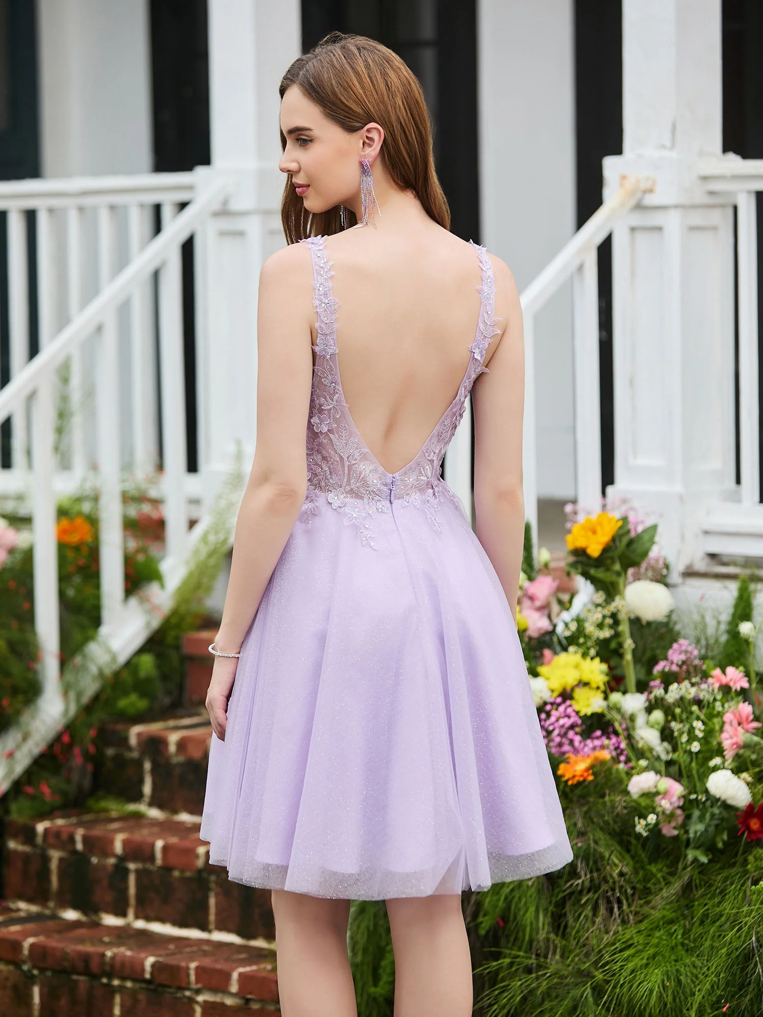 Appliziertes Transparentes Top Ärmelloses Kurzes Kleid Lila - Image 2