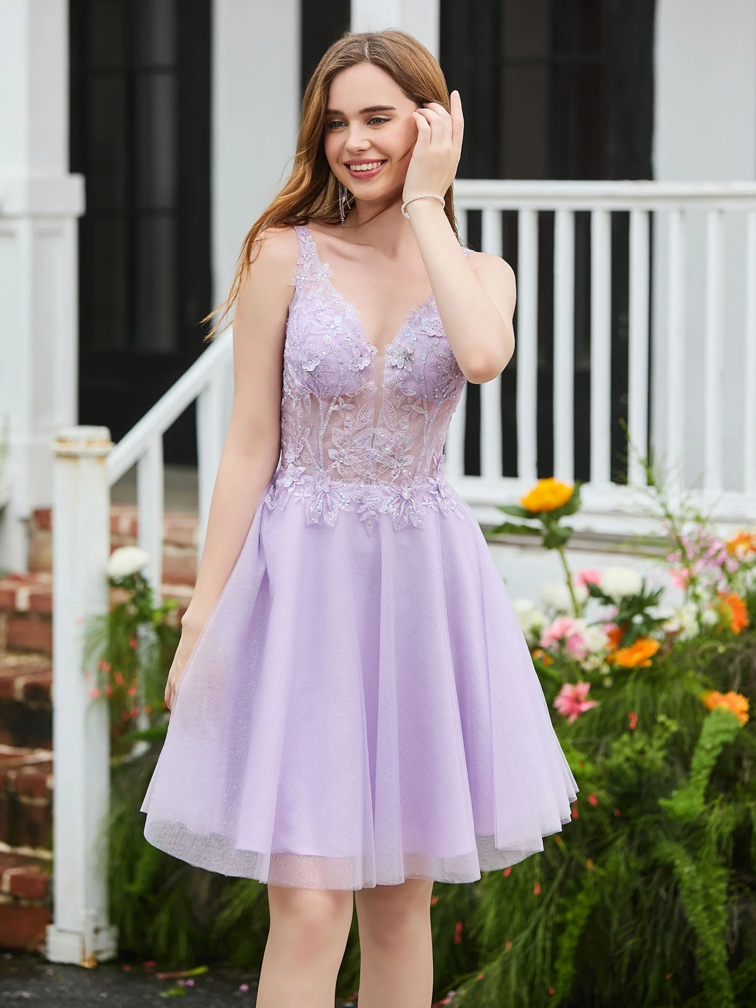 Appliziertes Transparentes Top Ärmelloses Kurzes Kleid Lila - Image 3