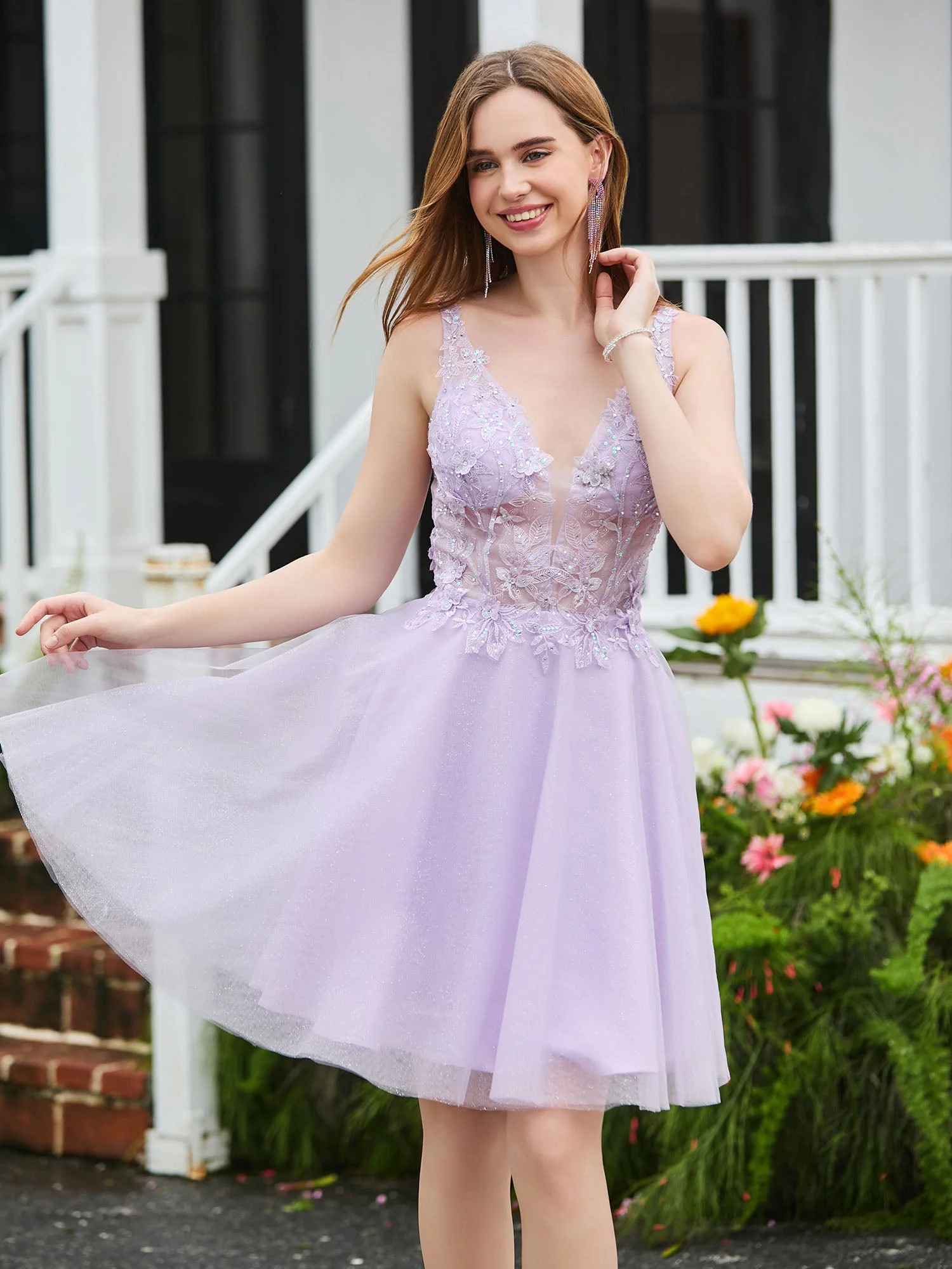 Appliziertes Transparentes Top Ärmelloses Kurzes Kleid Lila - Image 4
