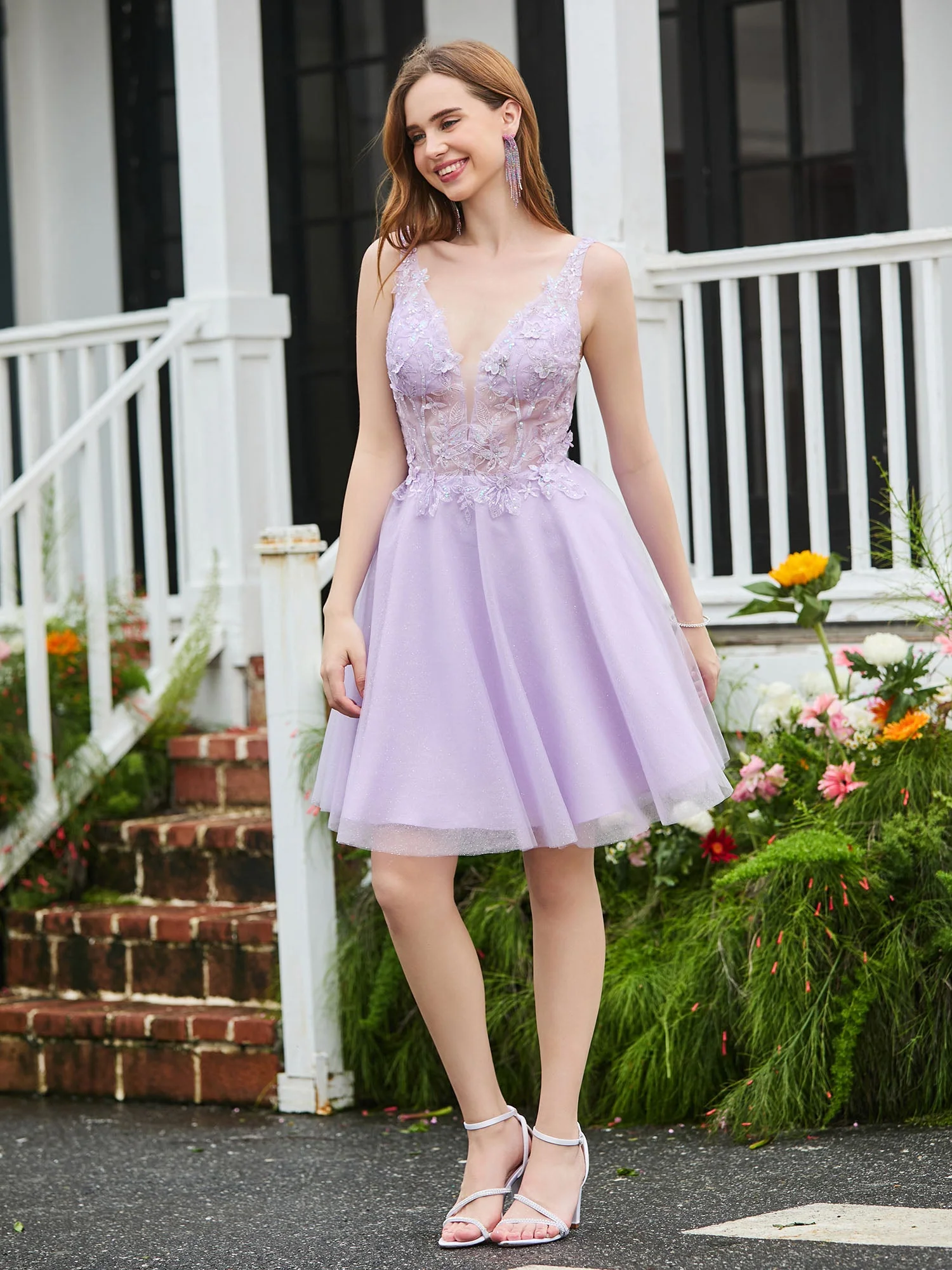 Appliziertes Transparentes Top Ärmelloses Kurzes Kleid Lila - Image 5