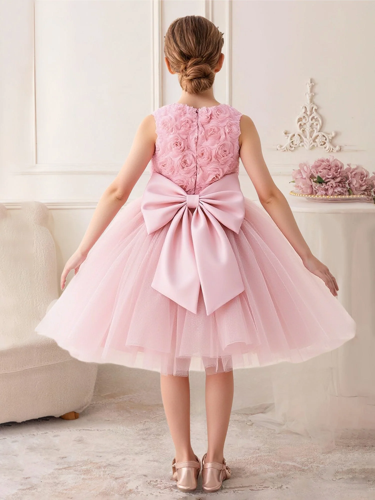 3D Rose Oberteil Groß Schleife Tüll Blumenmädchen Kleid Bonbonrosa - Image 2