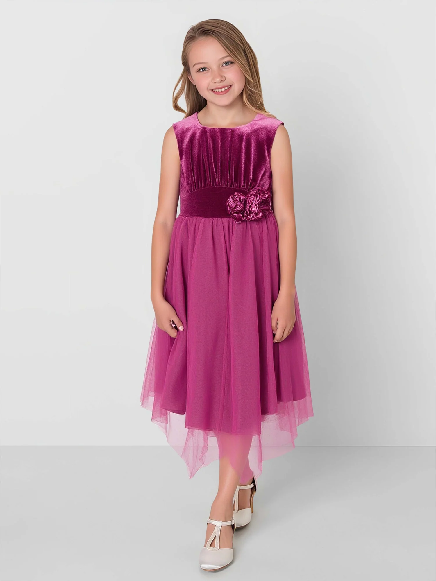 Scoop A-Linie Samt Tüll Knielang Blumenmädchen Kleid Fuchsia