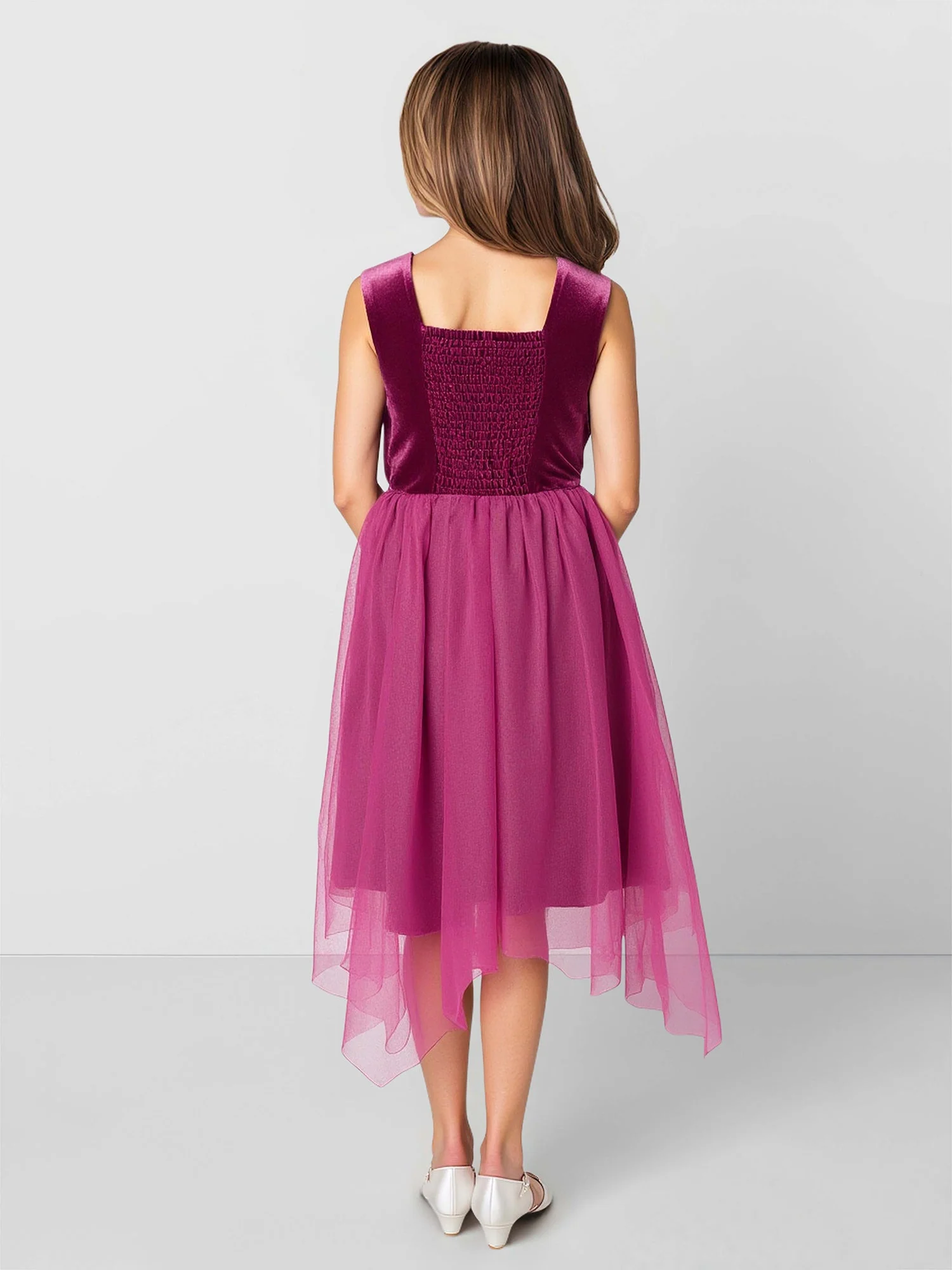 Scoop A-Linie Samt Tüll Knielang Blumenmädchen Kleid Fuchsia - Image 2