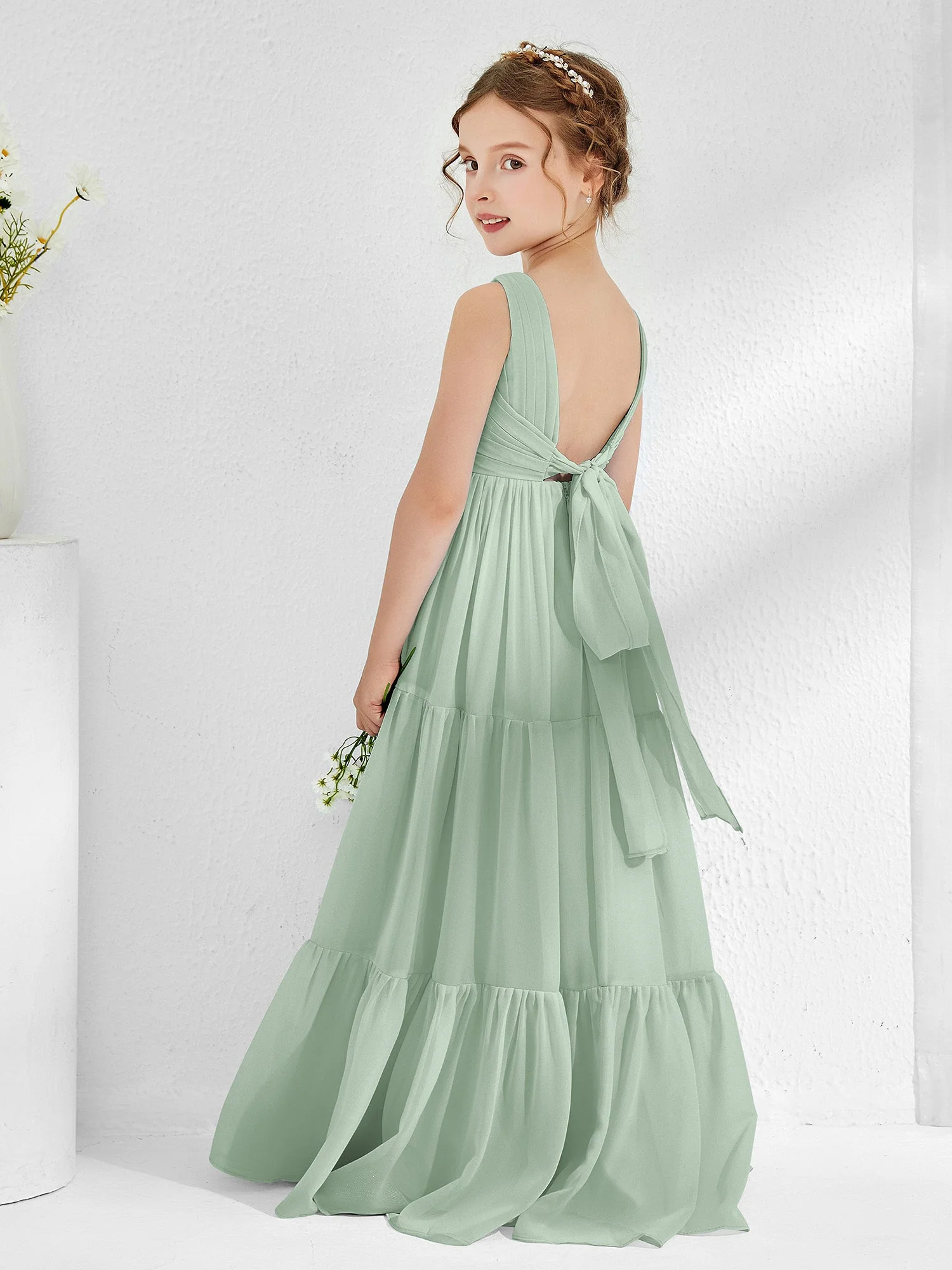 Ärmellos Chiffon Junge Brautjungfernkleider mit Schleife Agavengrün - Image 2
