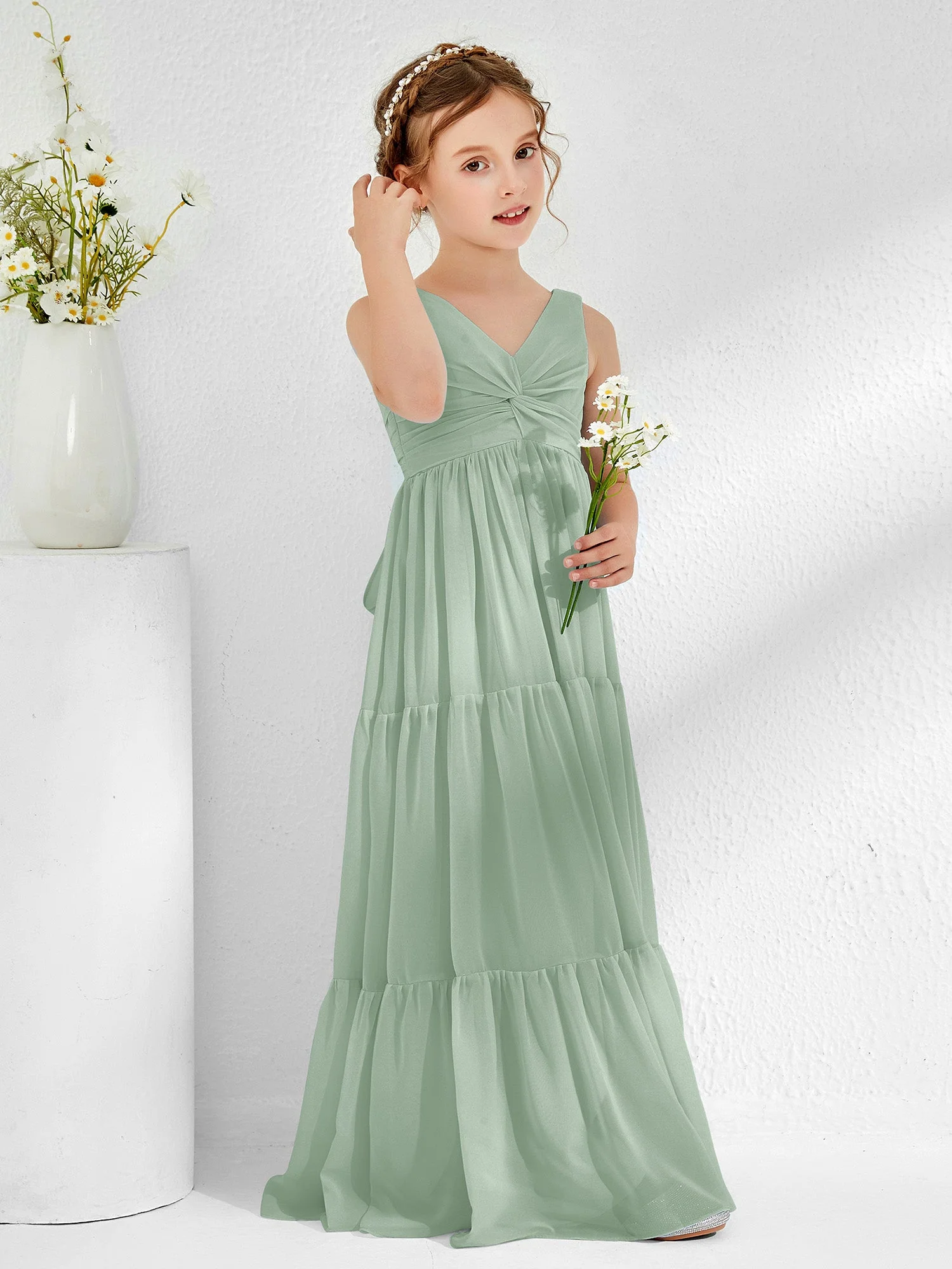Ärmellos Chiffon Junge Brautjungfernkleider mit Schleife Agavengrün - Image 3