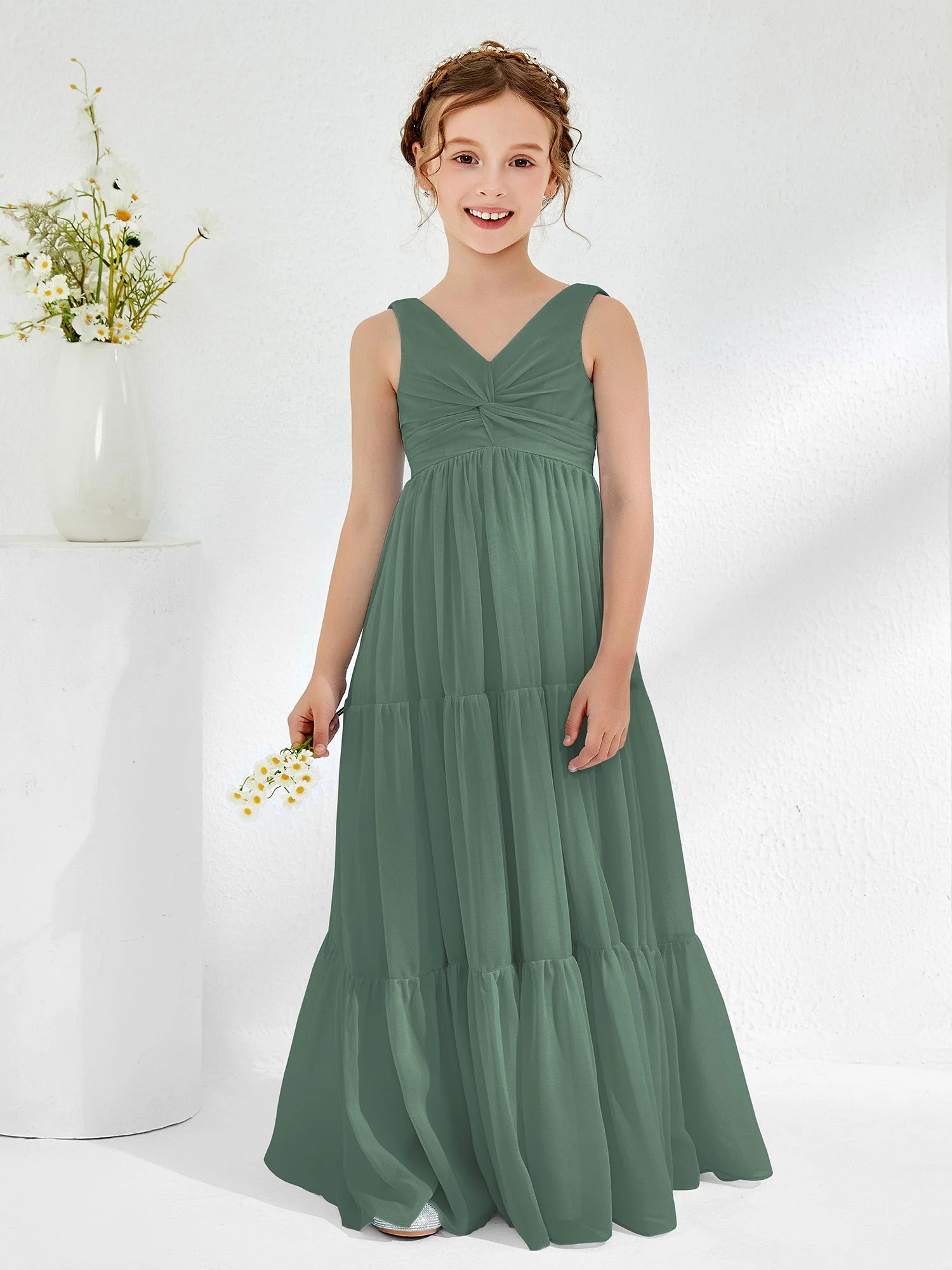 Ärmellos Chiffon Junge Brautjungfernkleider mit Schleife Eukalyptus