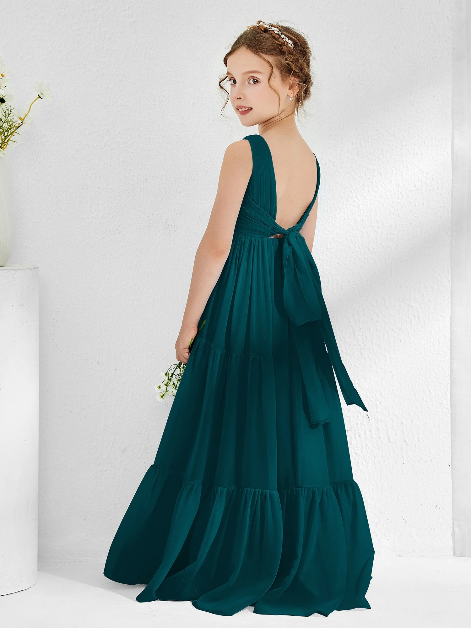 Ärmellos Chiffon Junge Brautjungfernkleider mit Schleife Kieferngrün - Image 2