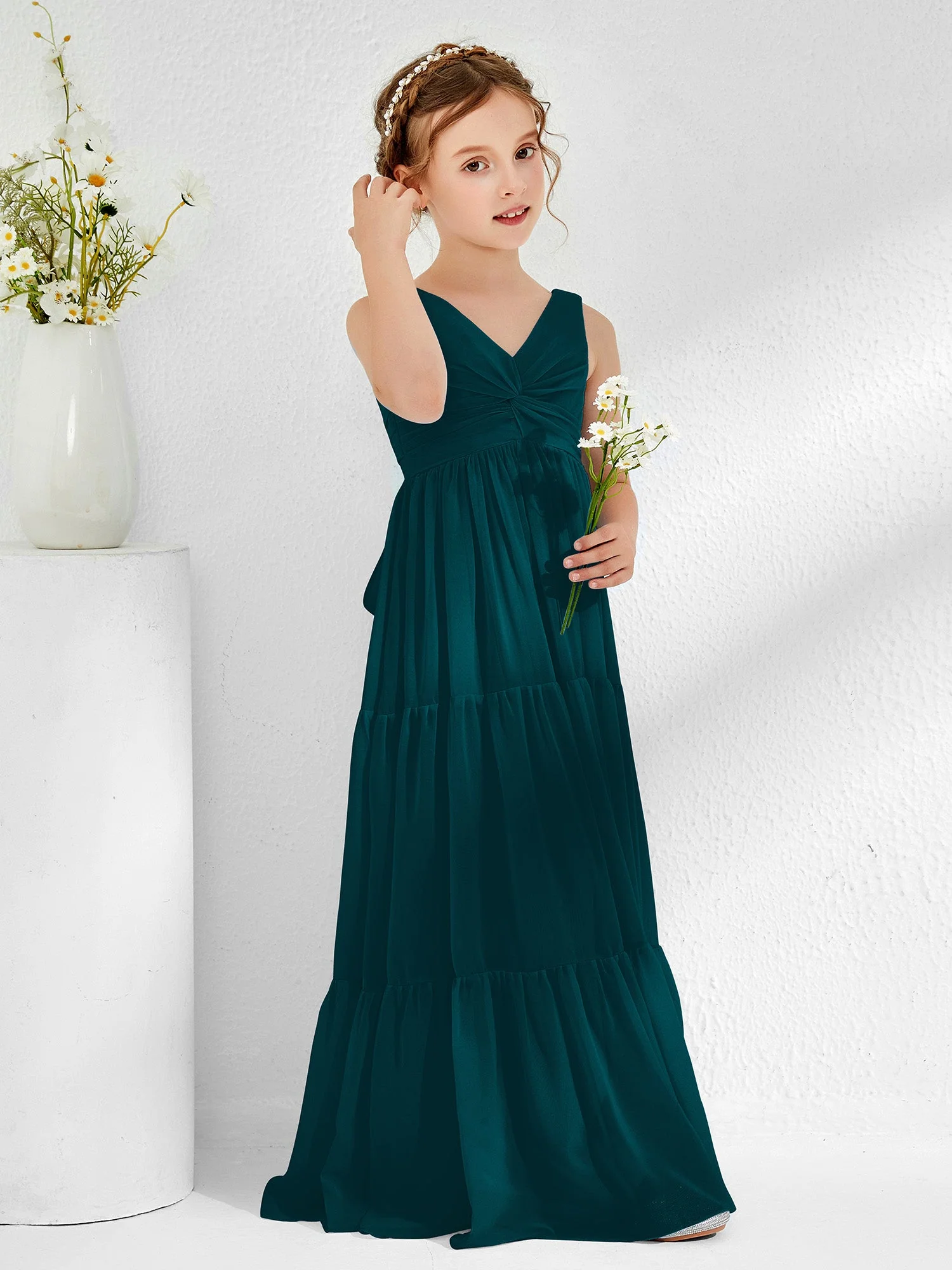 Ärmellos Chiffon Junge Brautjungfernkleider mit Schleife Kieferngrün - Image 3