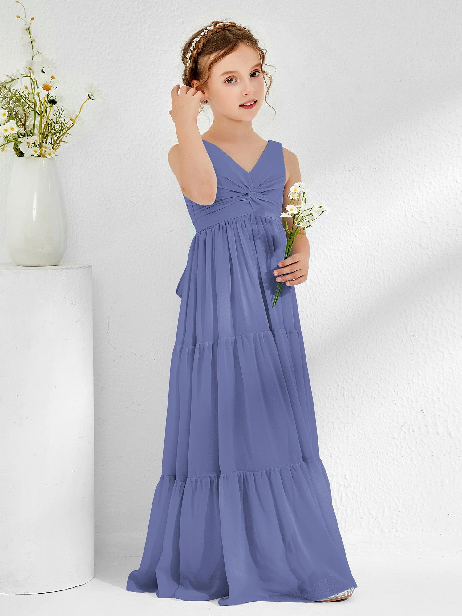 Ärmellos Chiffon Junge Brautjungfernkleider mit Schleife Periwinkleblau - Image 3