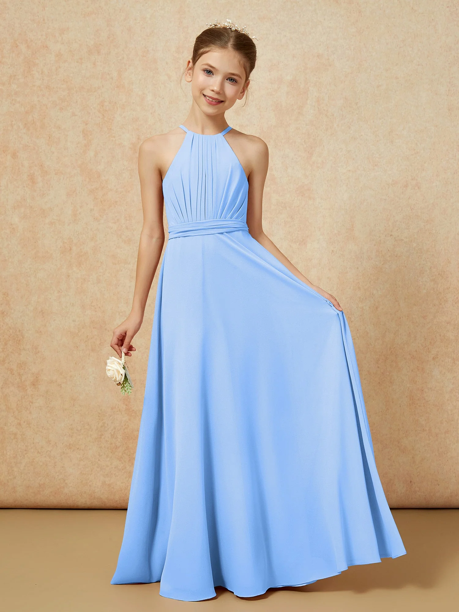 Ärmellos Plissee Lang Chiffon Junge Brautjungfernkleider Blau