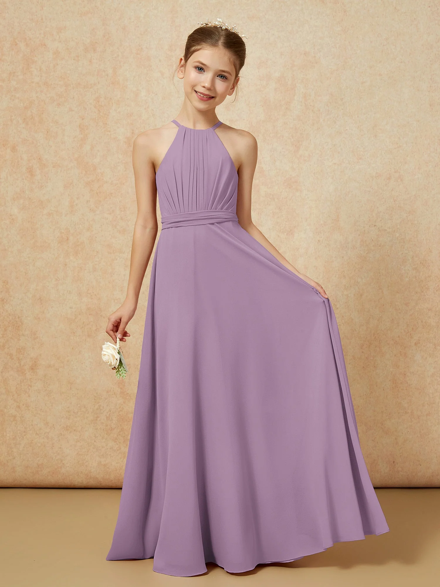 Ärmellos Plissee Lang Chiffon Junge Brautjungfernkleider Blauregen