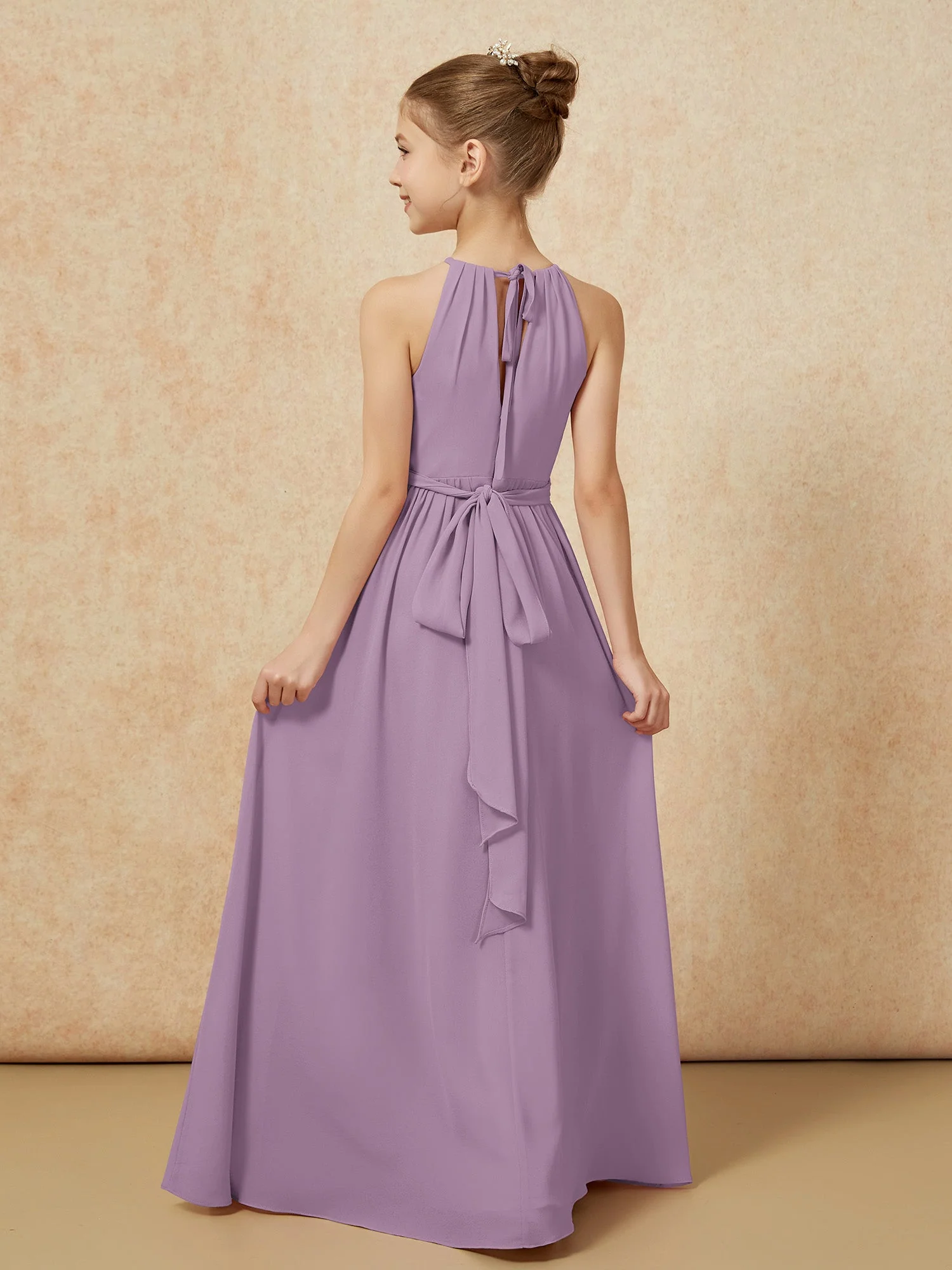 Ärmellos Plissee Lang Chiffon Junge Brautjungfernkleider Blauregen - Image 2