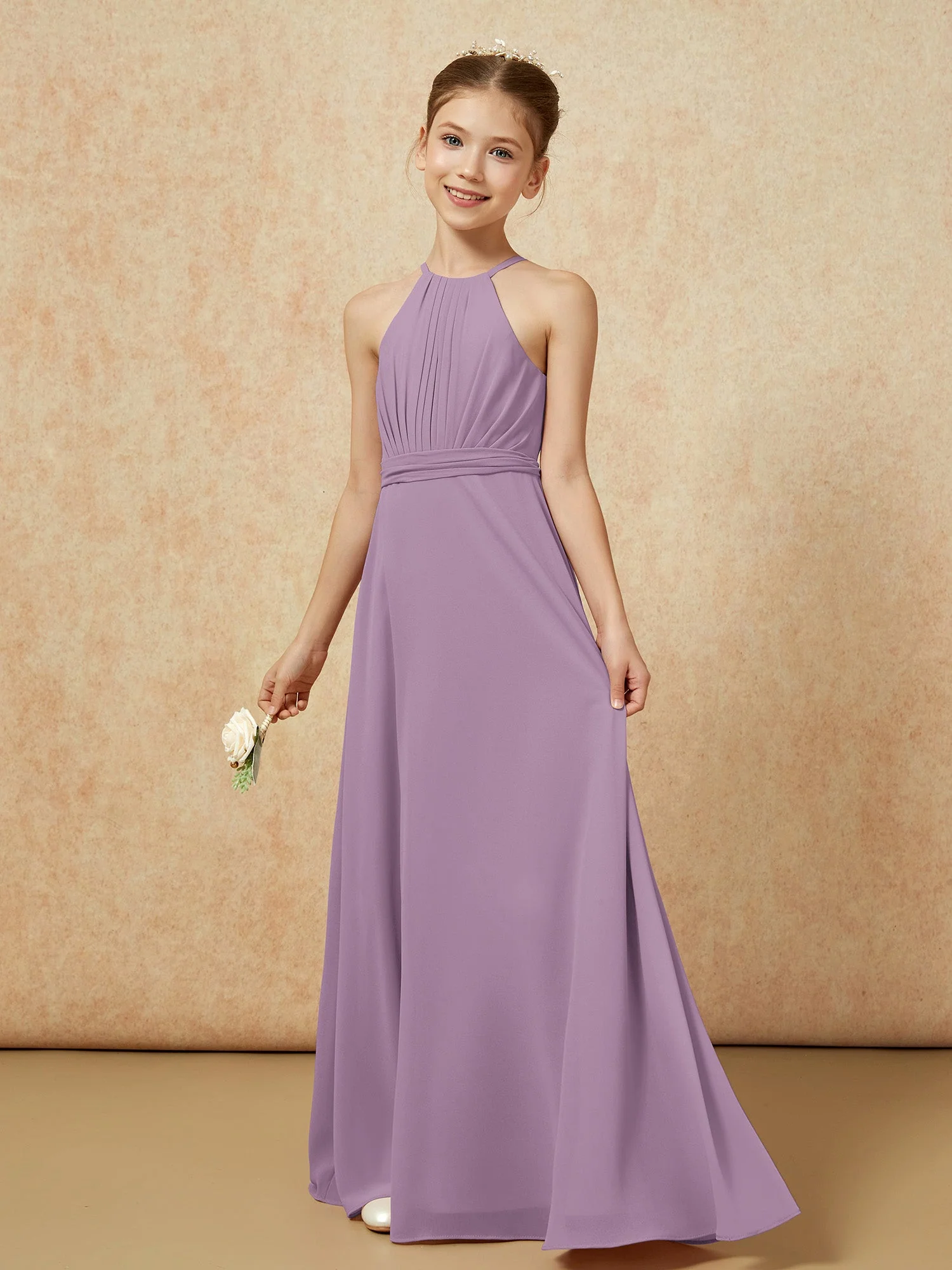 Ärmellos Plissee Lang Chiffon Junge Brautjungfernkleider Blauregen - Image 3