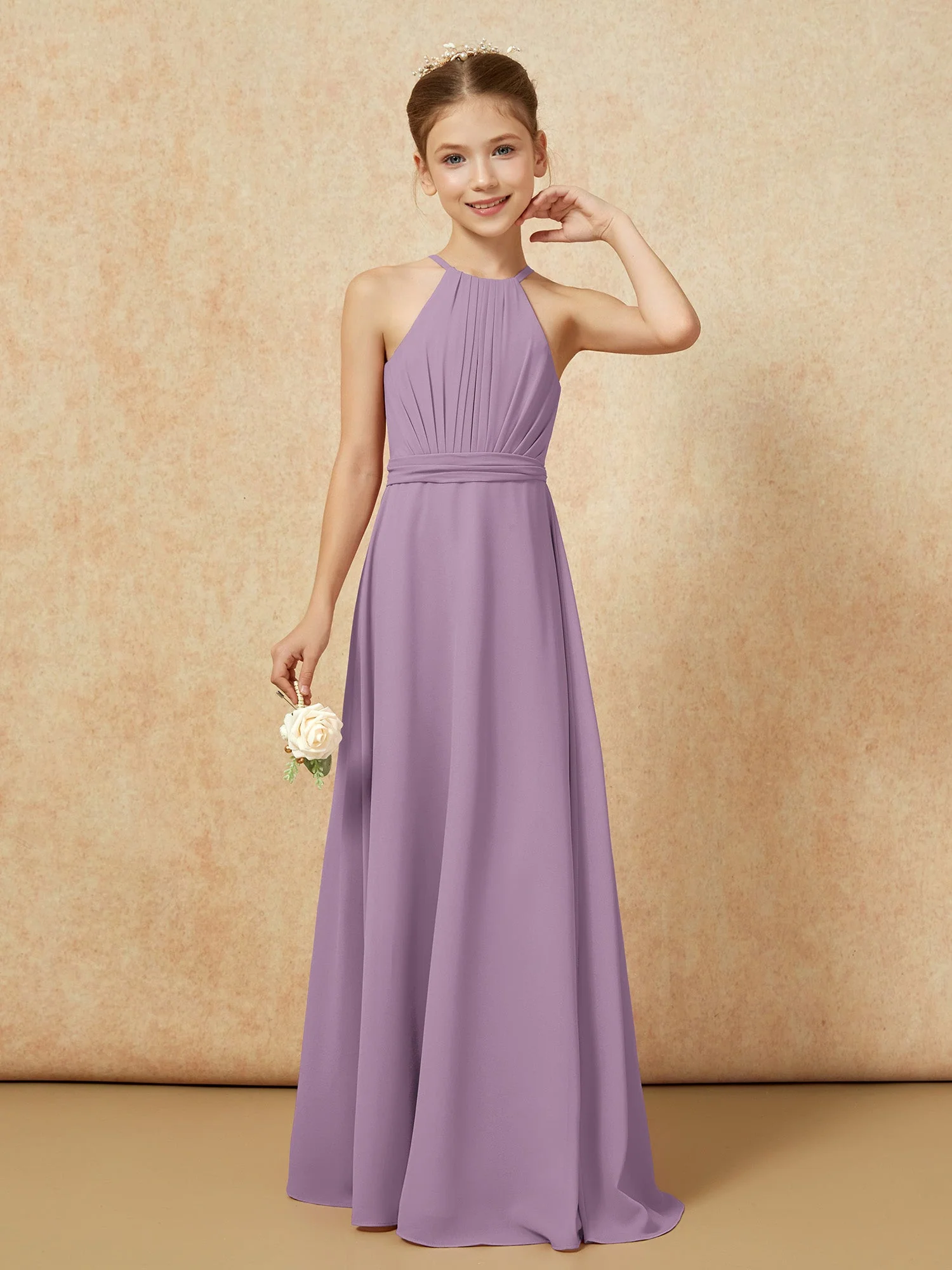 Ärmellos Plissee Lang Chiffon Junge Brautjungfernkleider Blauregen - Image 5