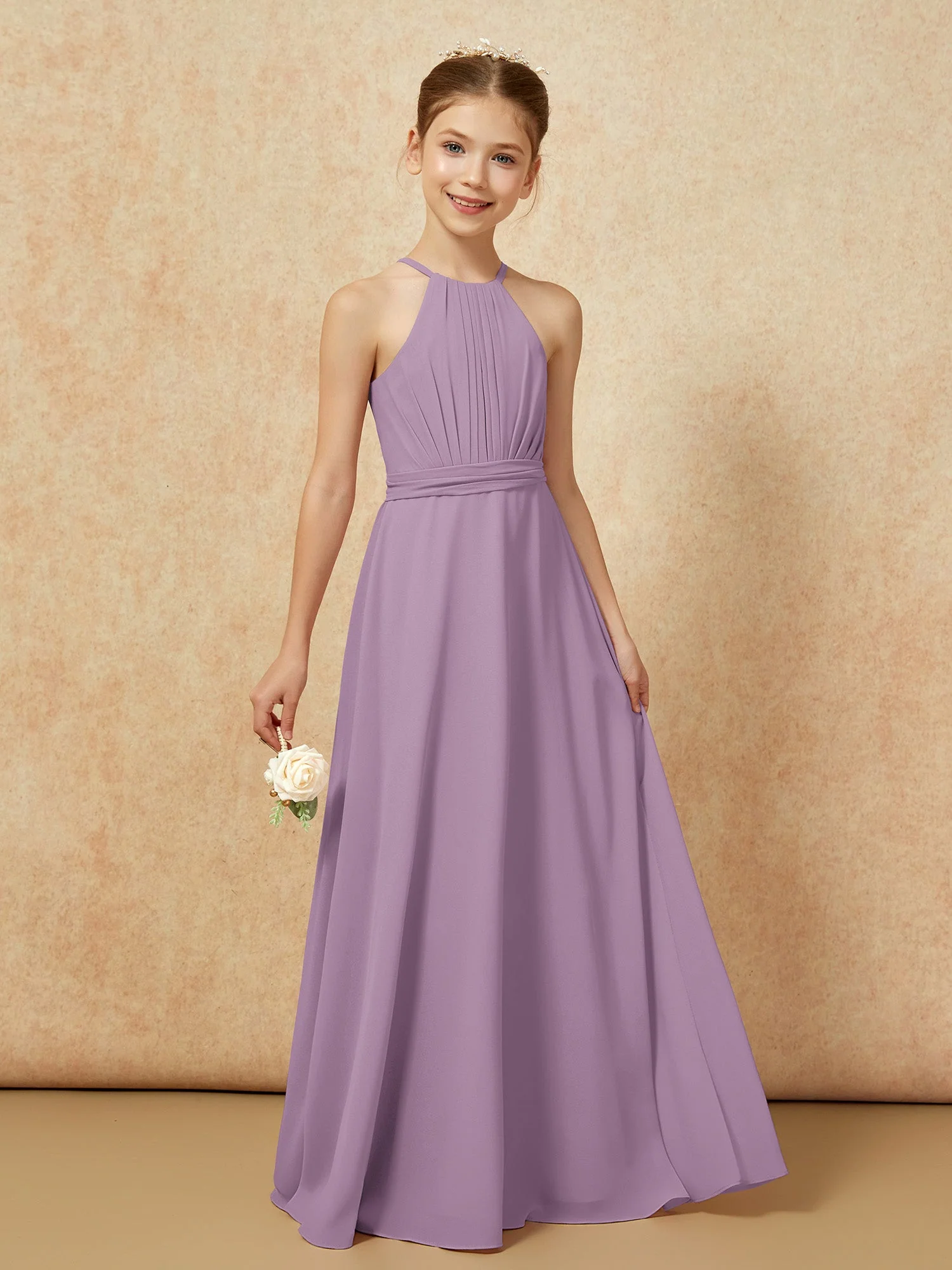 Ärmellos Plissee Lang Chiffon Junge Brautjungfernkleider Blauregen - Image 6