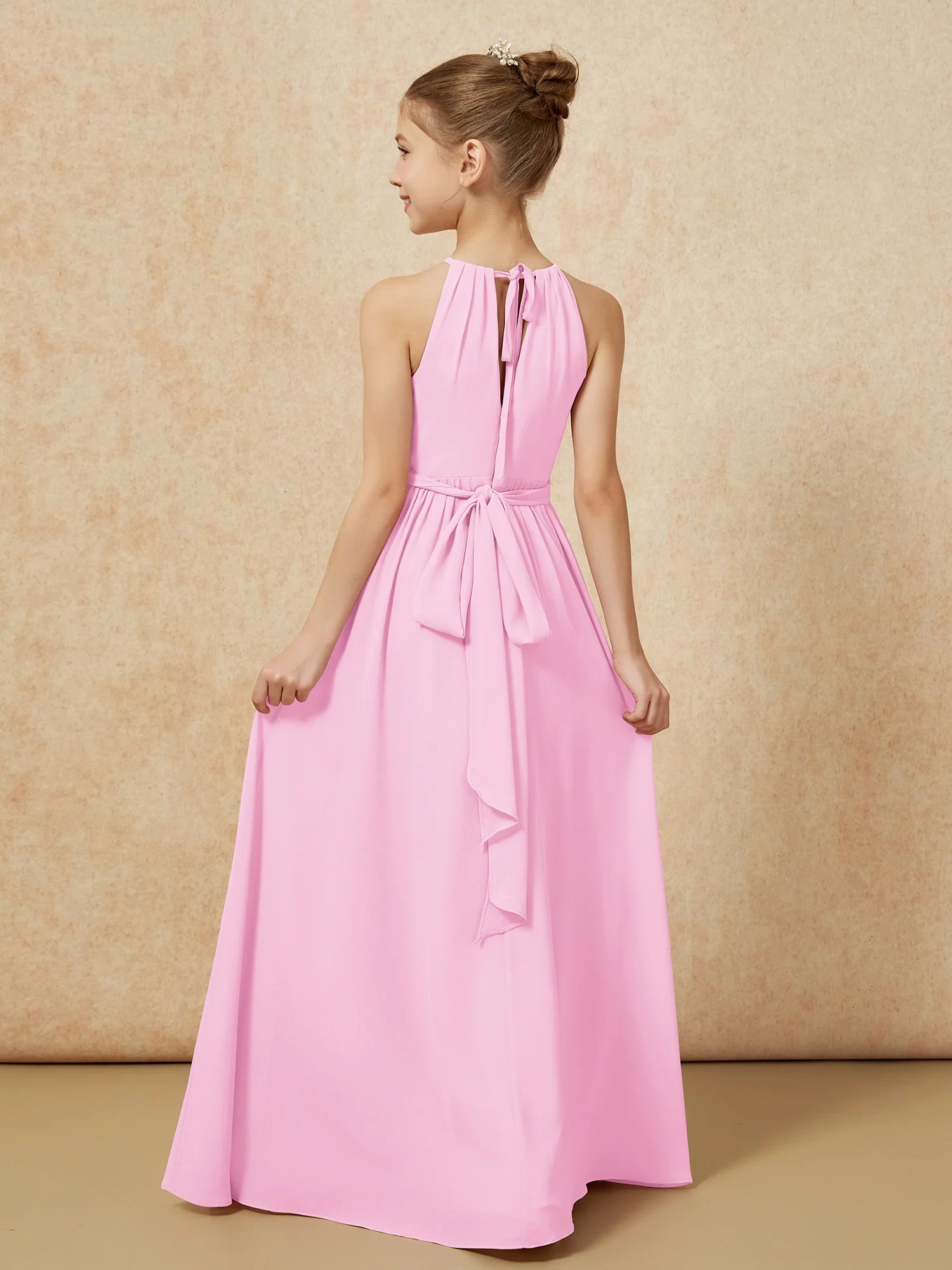 Ärmellos Plissee Lang Chiffon Junge Brautjungfernkleider Bonbonrosa - Image 2