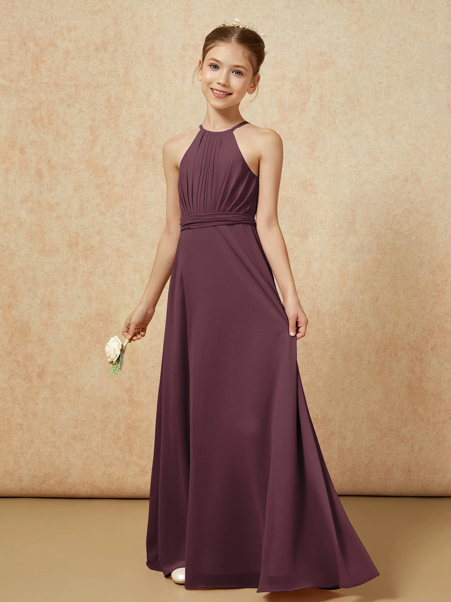 Ärmellos Plissee Lang Chiffon Junge Brautjungfernkleider Cabernet - Image 3