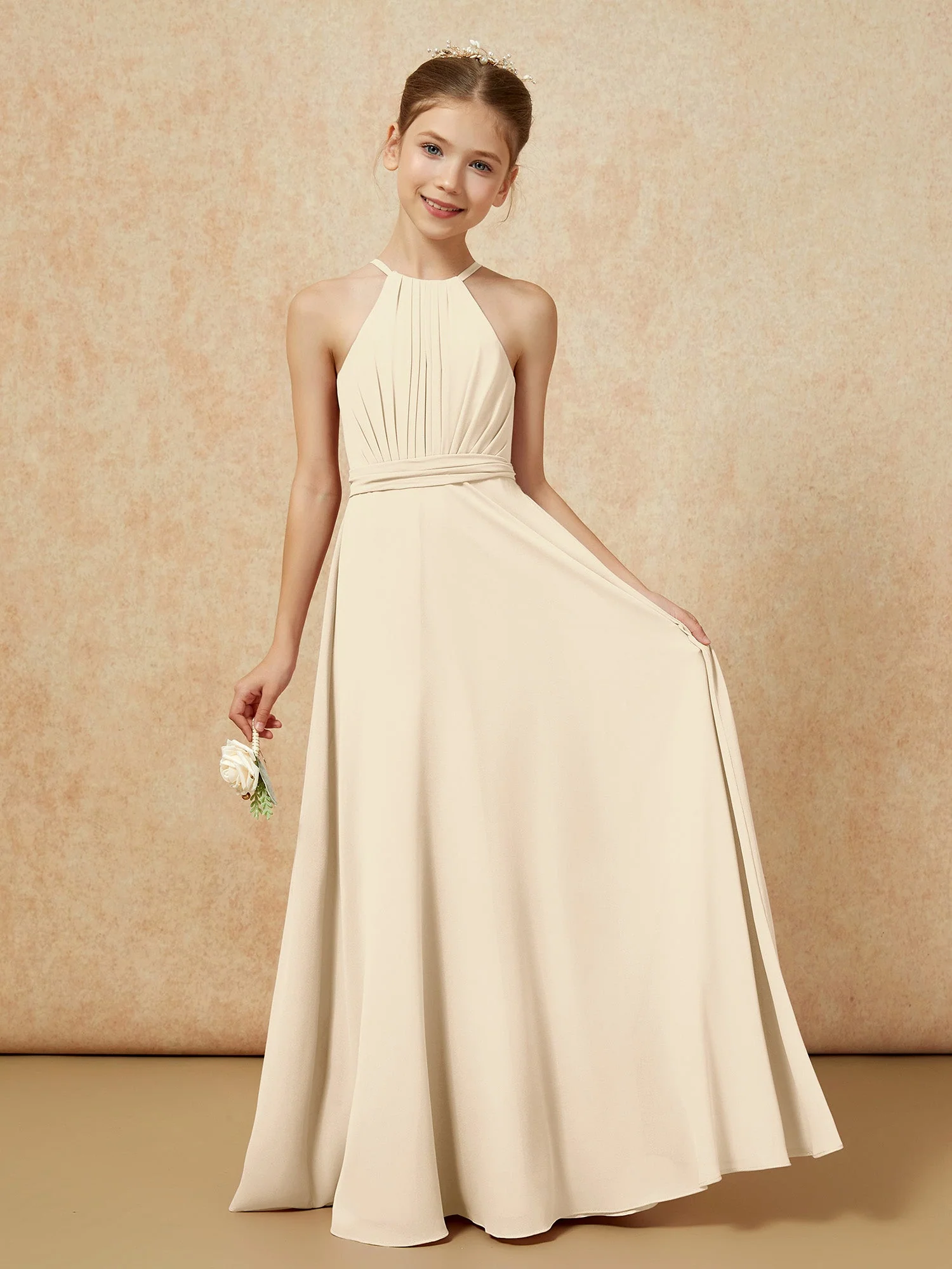 Ärmellos Plissee Lang Chiffon Junge Brautjungfernkleider Champagner