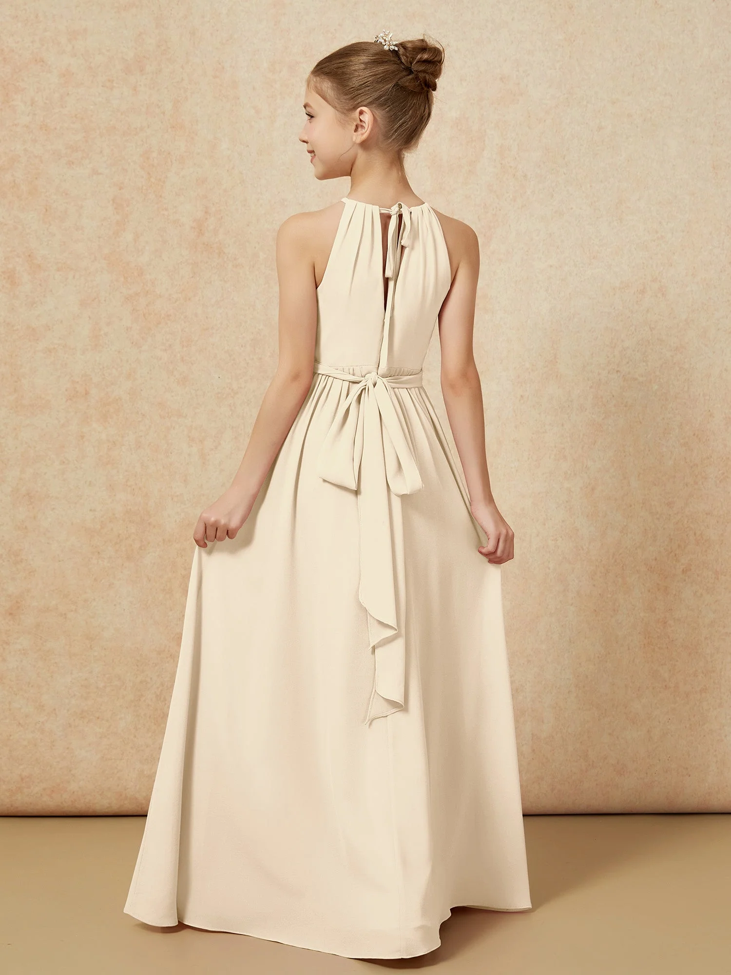 Ärmellos Plissee Lang Chiffon Junge Brautjungfernkleider Champagner - Image 2