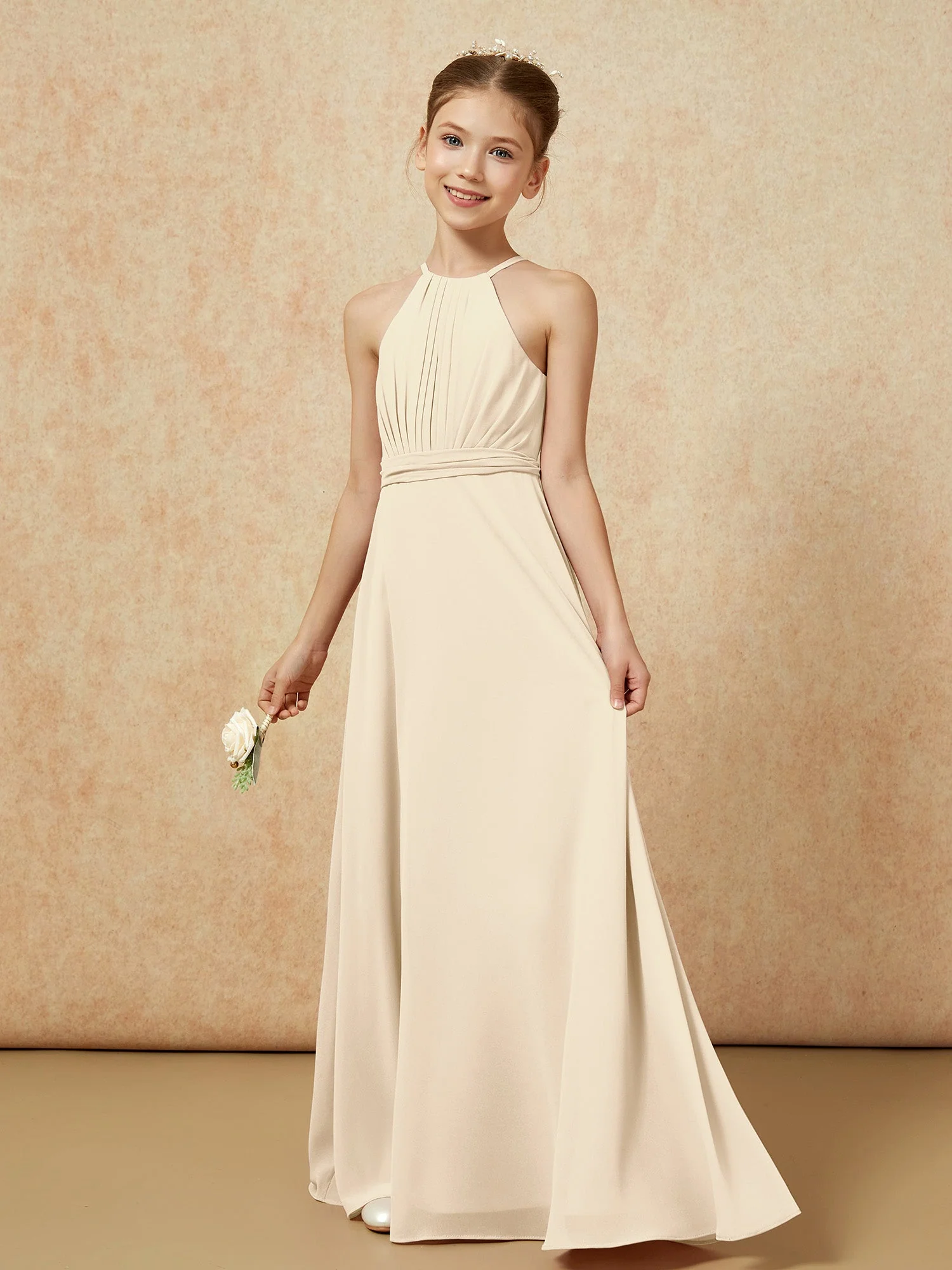 Ärmellos Plissee Lang Chiffon Junge Brautjungfernkleider Champagner - Image 3