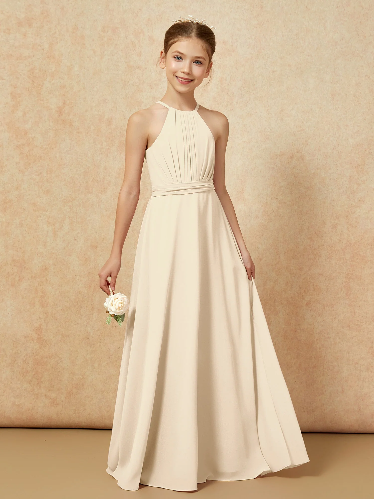 Ärmellos Plissee Lang Chiffon Junge Brautjungfernkleider Champagner - Image 6