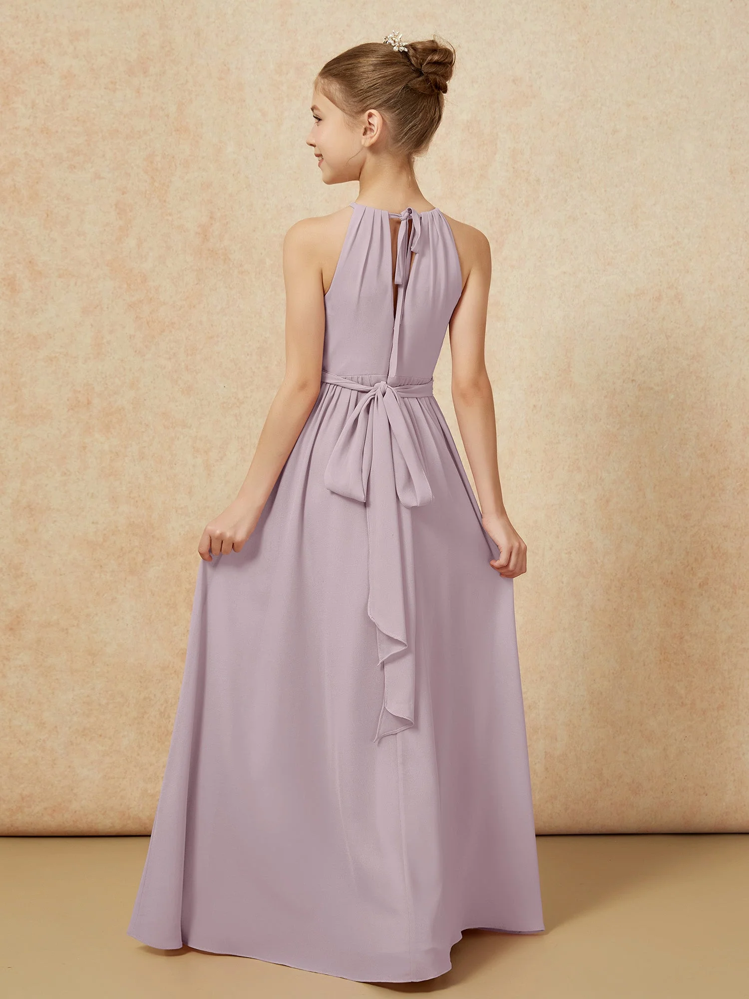 Ärmellos Plissee Lang Chiffon Junge Brautjungfernkleider Dämmerung - Image 2