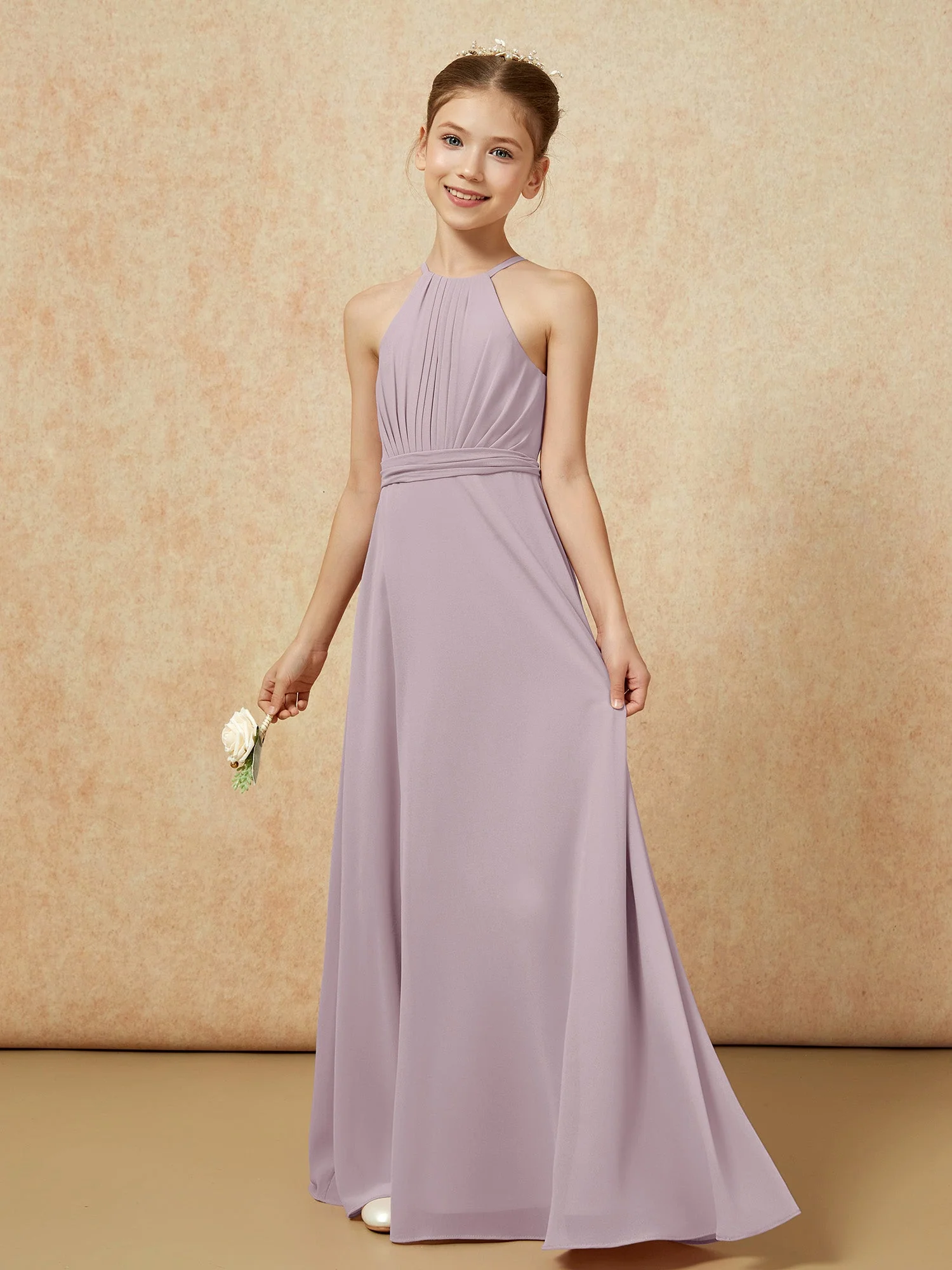 Ärmellos Plissee Lang Chiffon Junge Brautjungfernkleider Dämmerung - Image 3