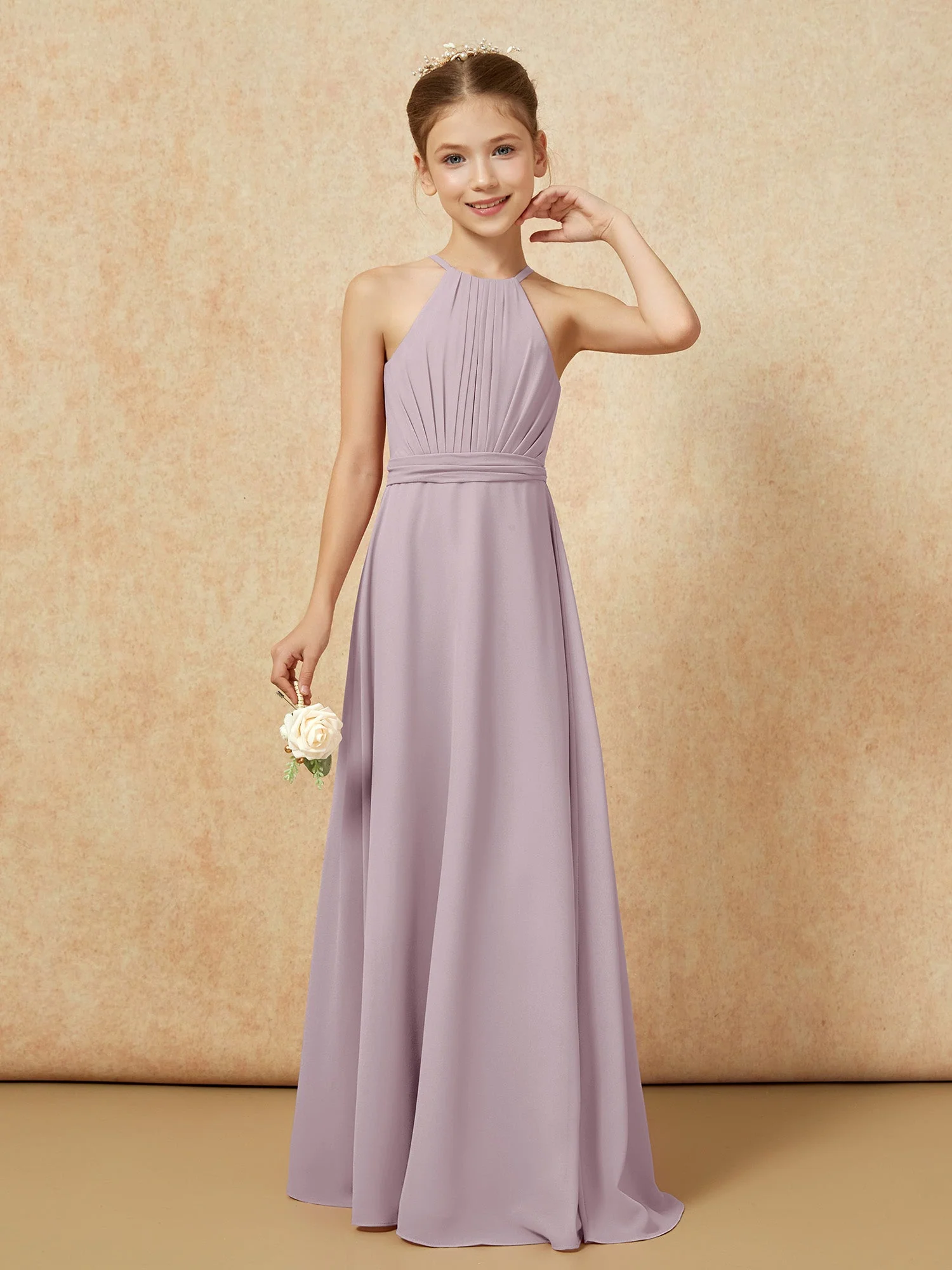 Ärmellos Plissee Lang Chiffon Junge Brautjungfernkleider Dämmerung - Image 5