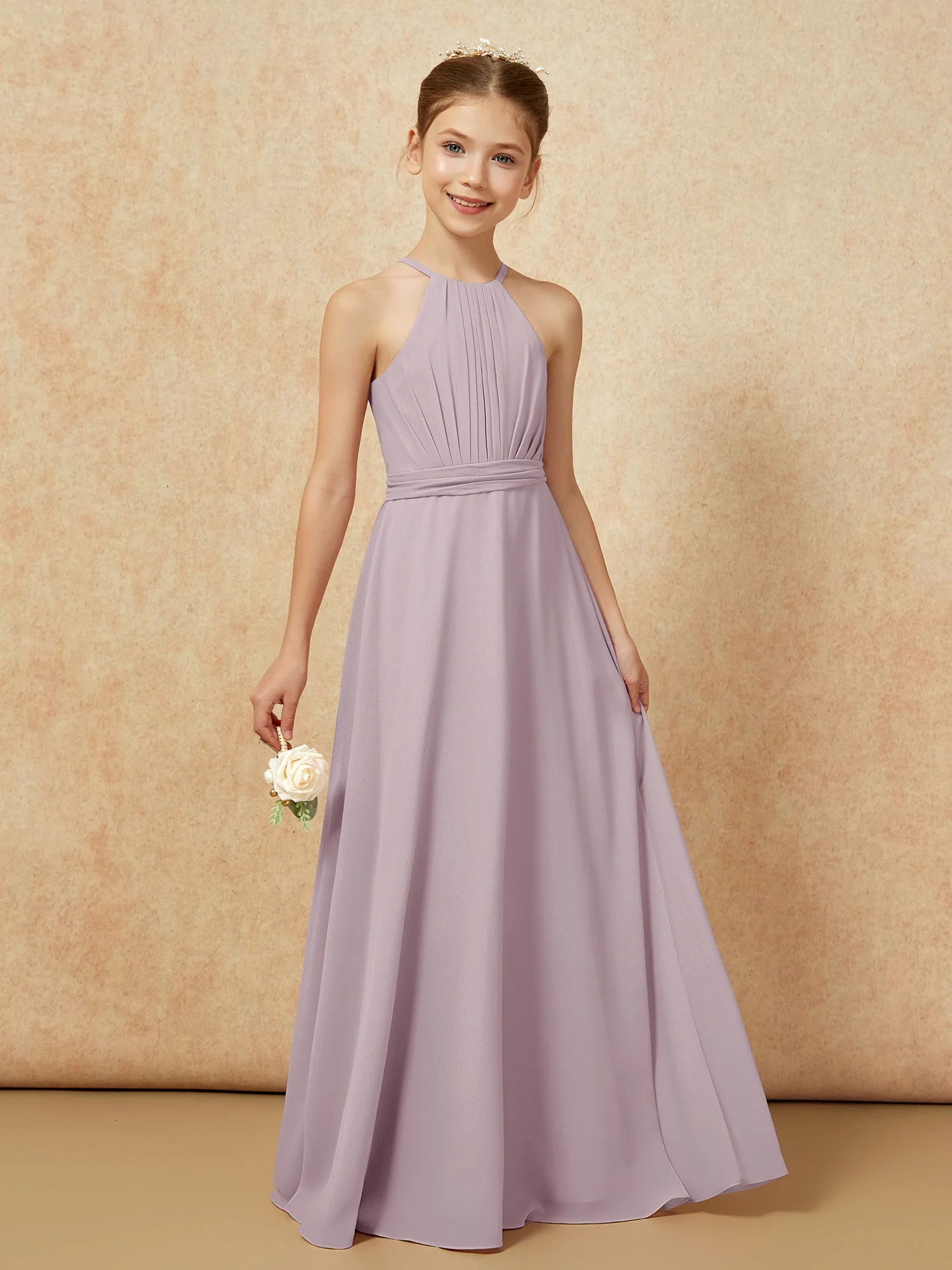 Ärmellos Plissee Lang Chiffon Junge Brautjungfernkleider Dämmerung - Image 6