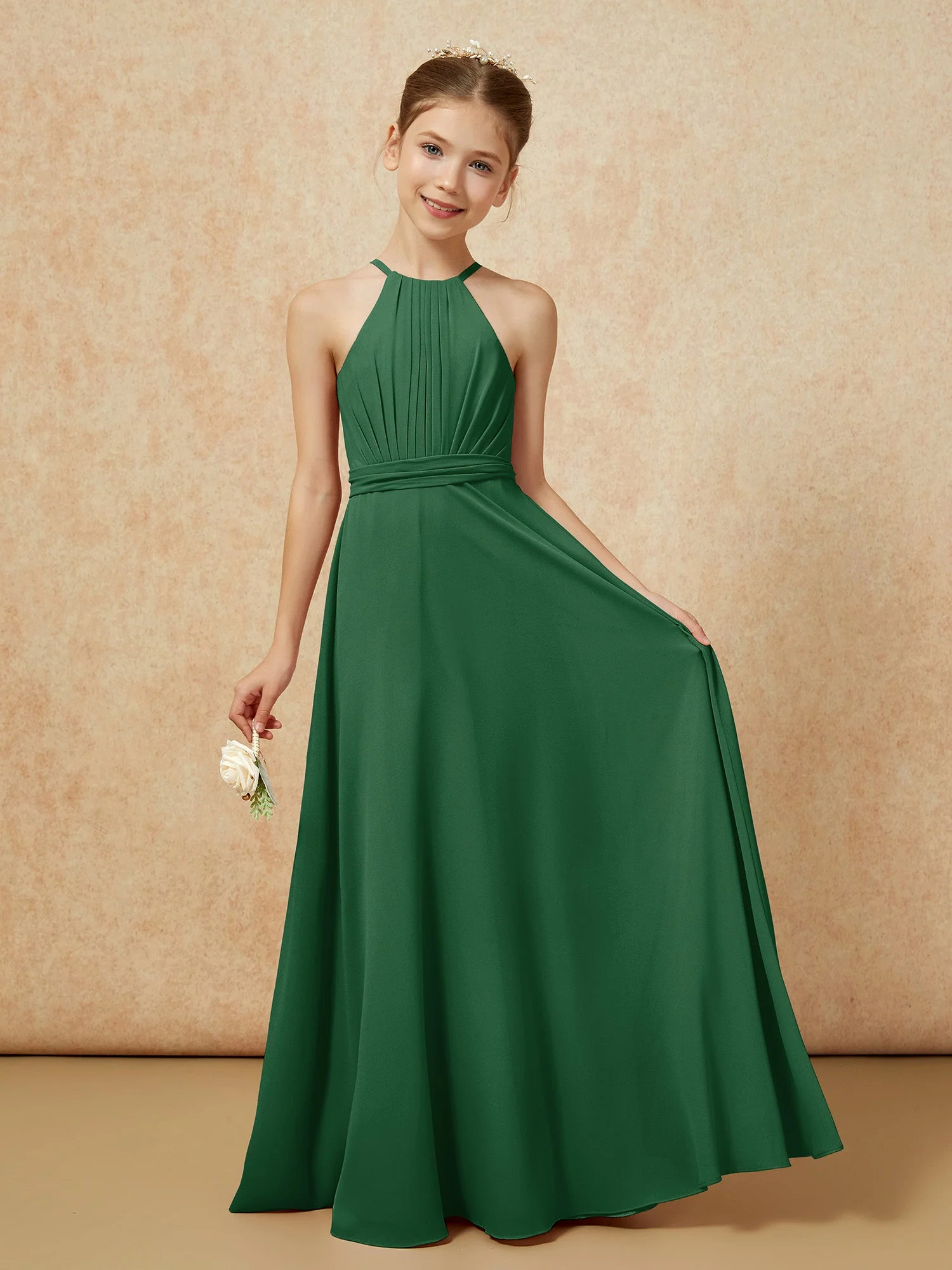 Ärmellos Plissee Lang Chiffon Junge Brautjungfernkleider Dunkelgrün
