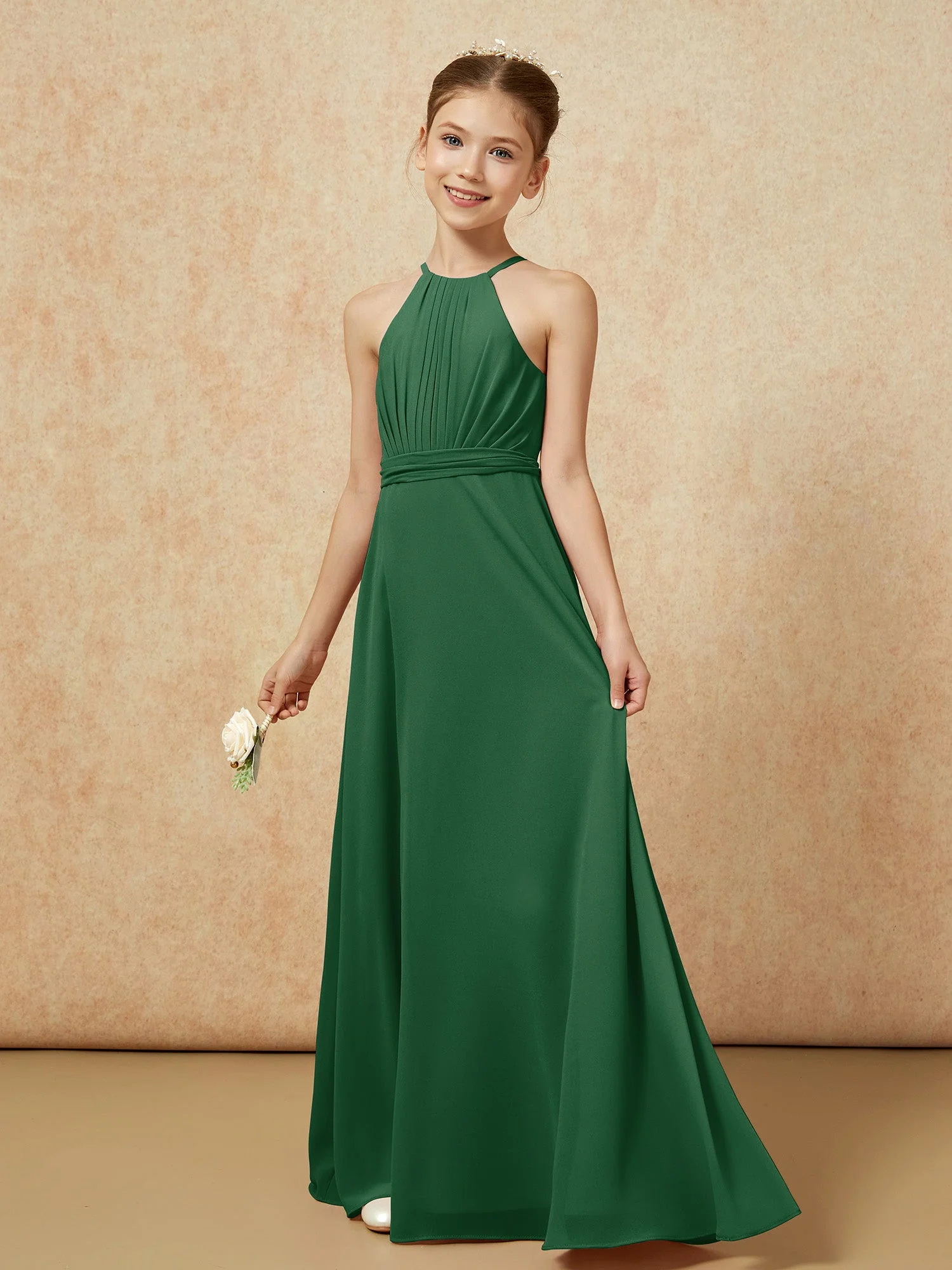 Ärmellos Plissee Lang Chiffon Junge Brautjungfernkleider Dunkelgrün - Image 3