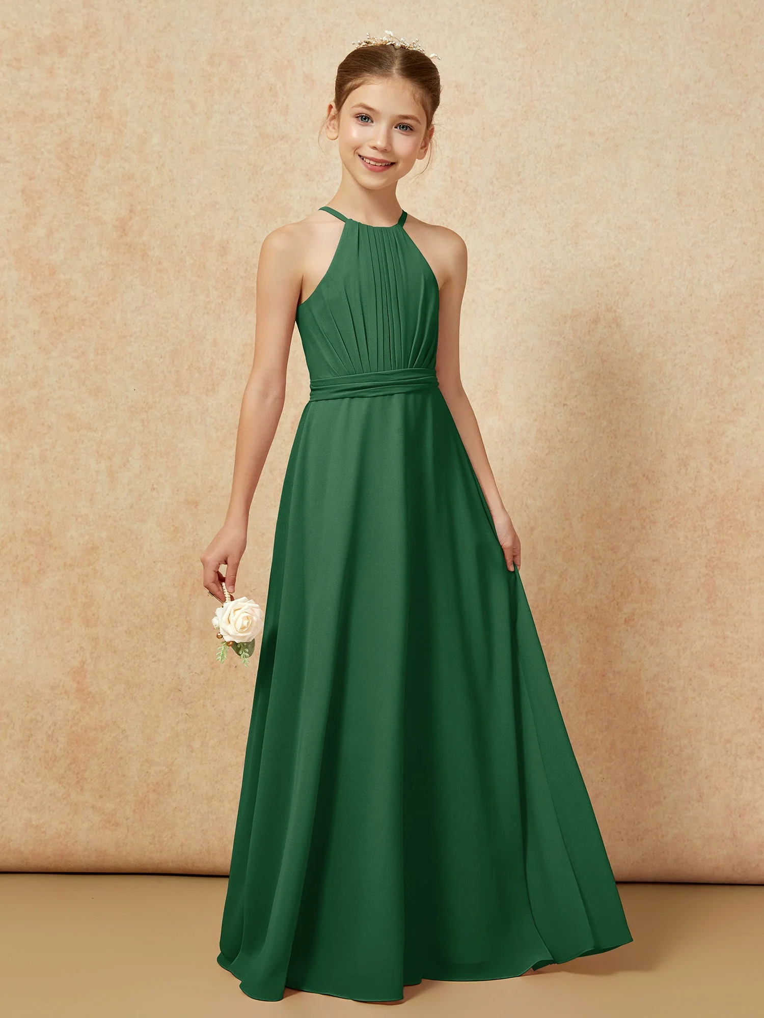 Ärmellos Plissee Lang Chiffon Junge Brautjungfernkleider Dunkelgrün - Image 6