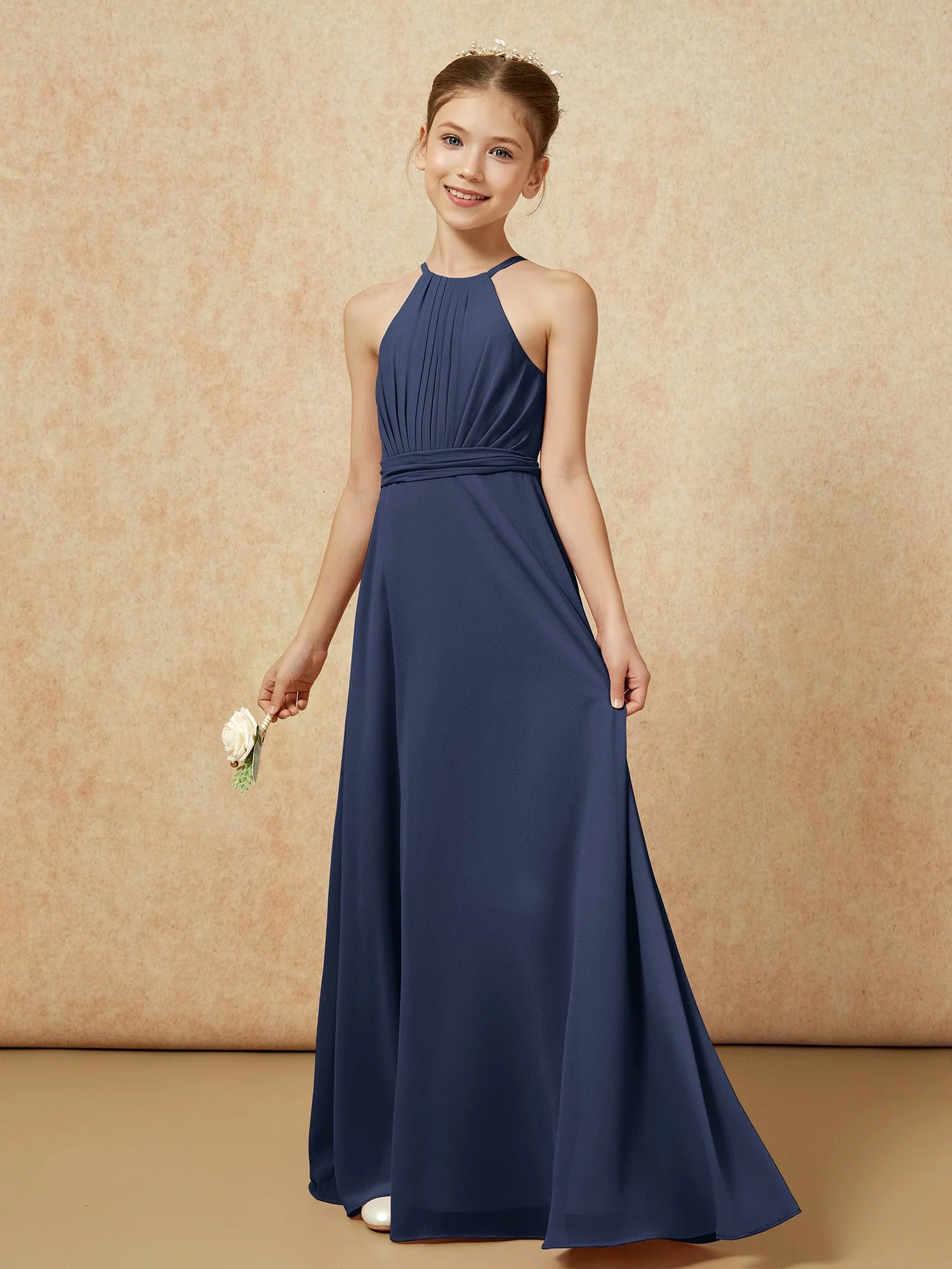 Ärmellos Plissee Lang Chiffon Junge Brautjungfernkleider Dunkelmarine - Image 3