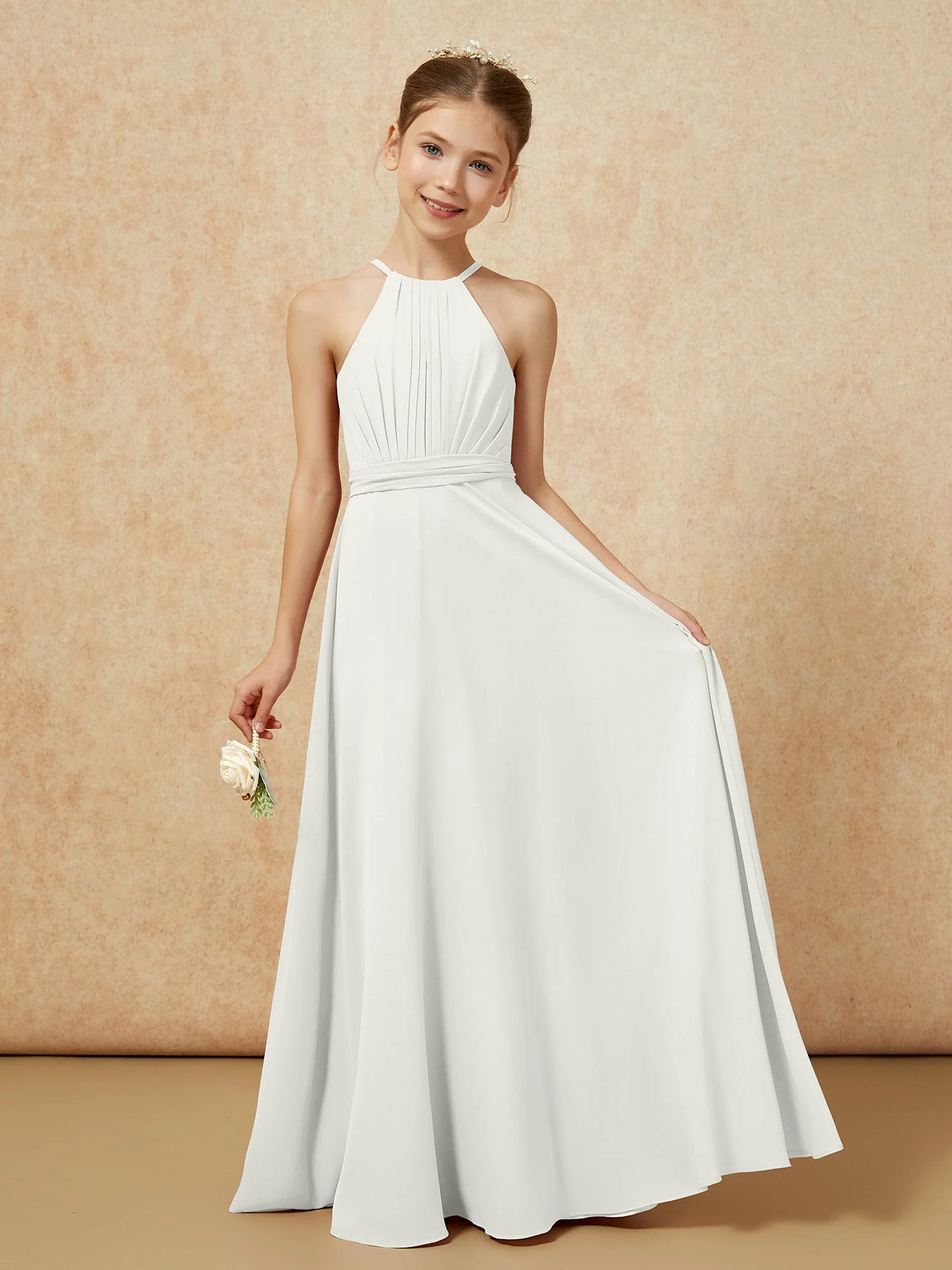 Ärmellos Plissee Lang Chiffon Junge Brautjungfernkleider Elfenbein